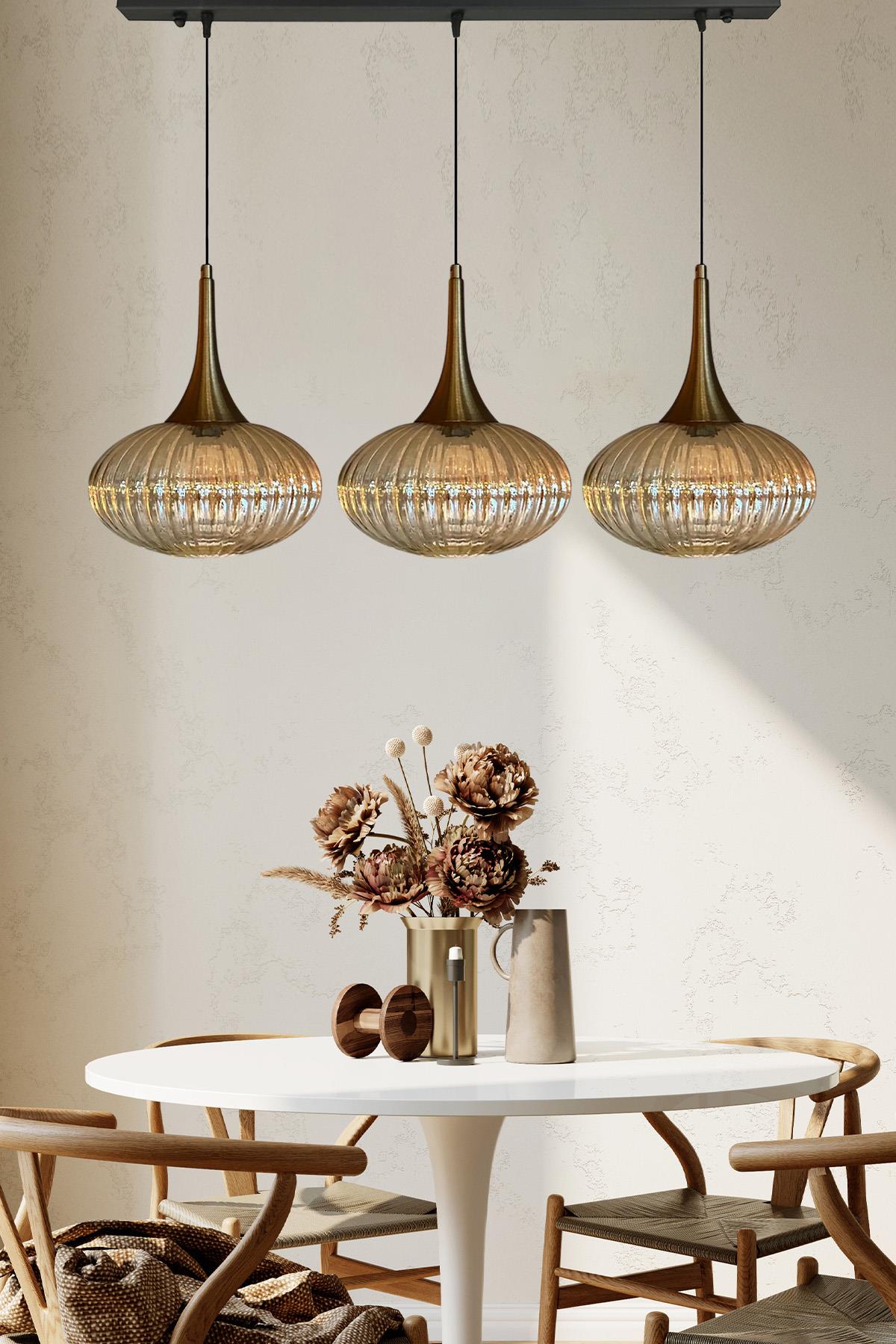 Elegant Cam Bal Rengi Avize Üçlü Eskitme Külah Başlık Sarkıt Lamba Restoran Salon Aydınlatma