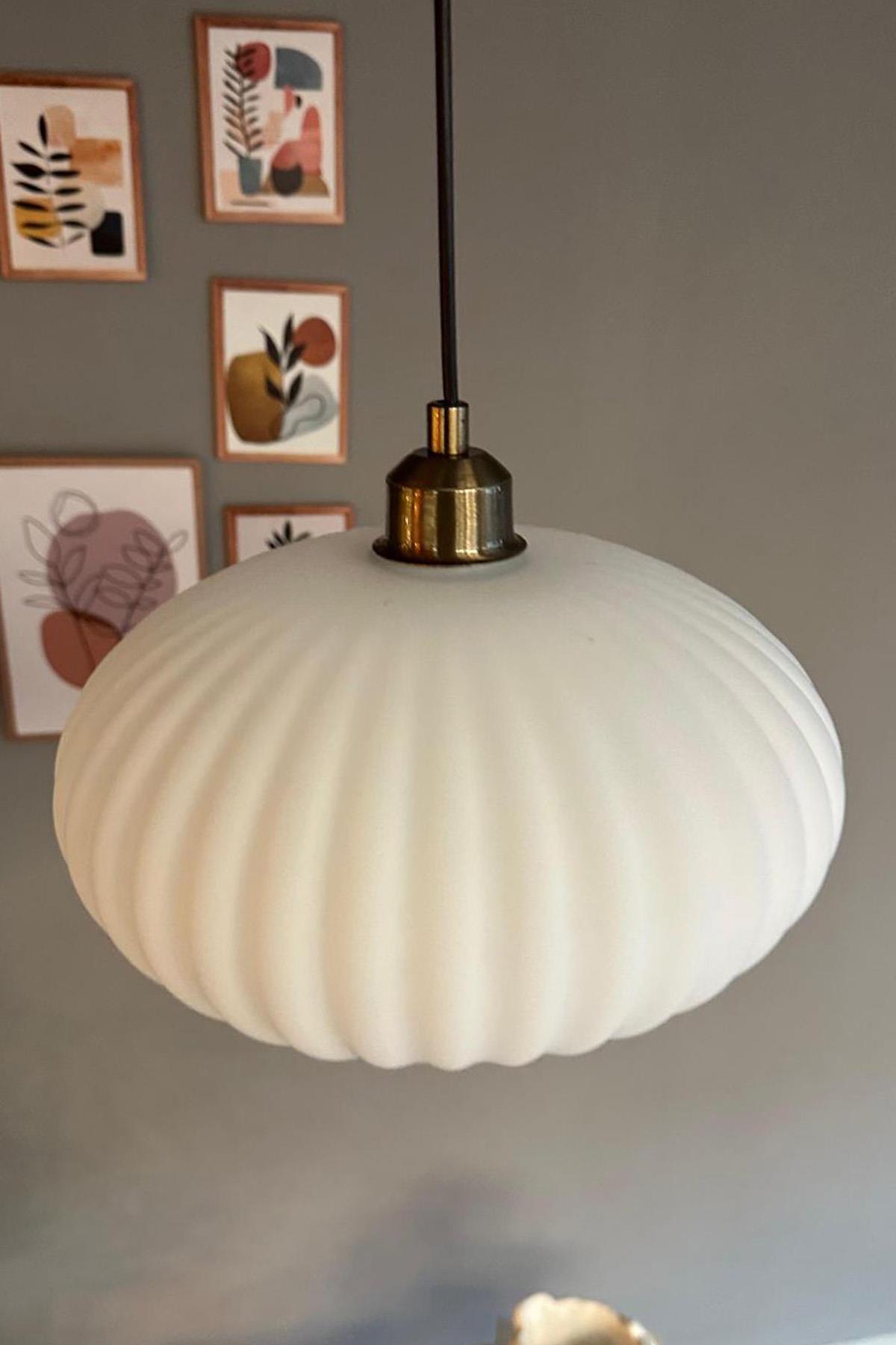 Elegant Cam Beyaz Avize Eskitme Yarım Lale Başlık Sarkıt Lamba Restoran Salon Aydınlatma