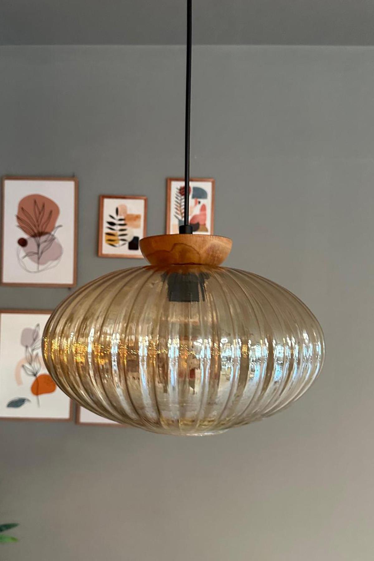 Elegant Cam Tekli Bal Rengi Avize Ahşap Tabak Başlık Sarkıt Lamba Restoran Salon Aydınlatma
