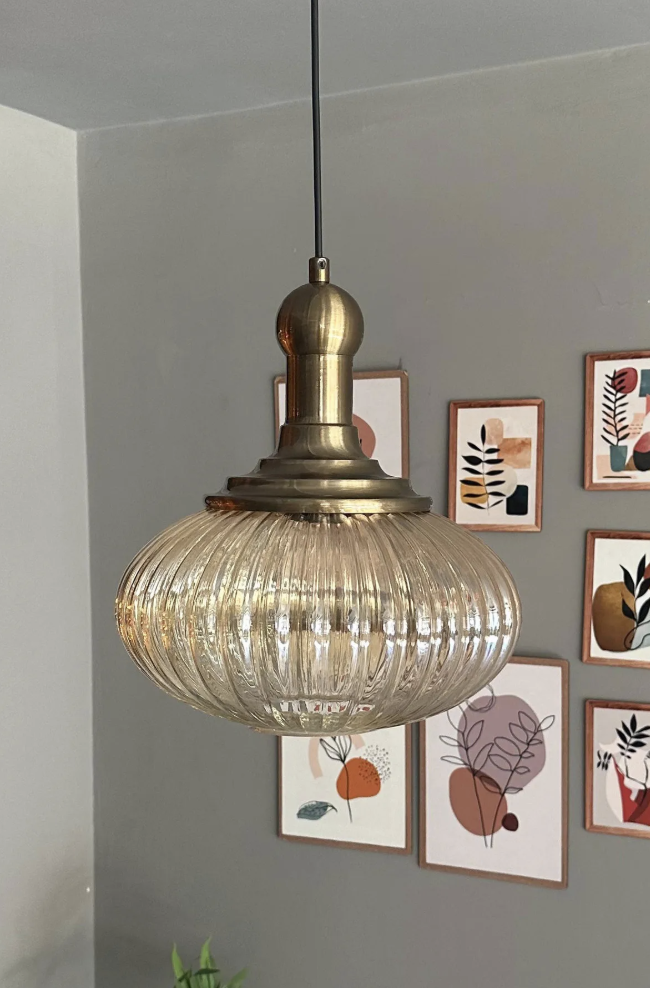 Elegant Cam Tekli Bal Rengi Avize Eskitme Long Knob Başlık Sarkıt Lamba Restoran Salon Aydınlatma