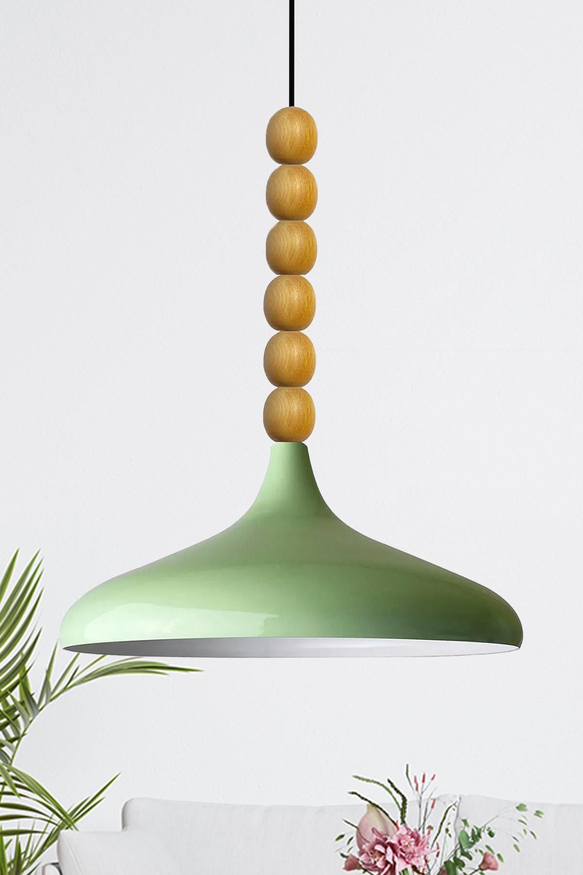 Mint Ahşap Altı Boncuklu Tekli Avize Sarkıt Salon Mutfak Butik Lamba