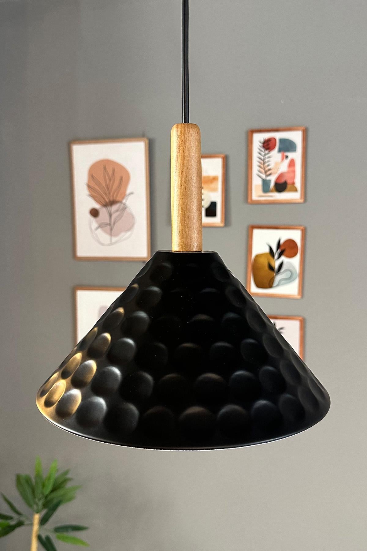 Rumy Siyah Tekli Ahşap Kafa Başlık Avize Retro Sarkıt Ofis Showroom Salon Mutfak Avizeleri