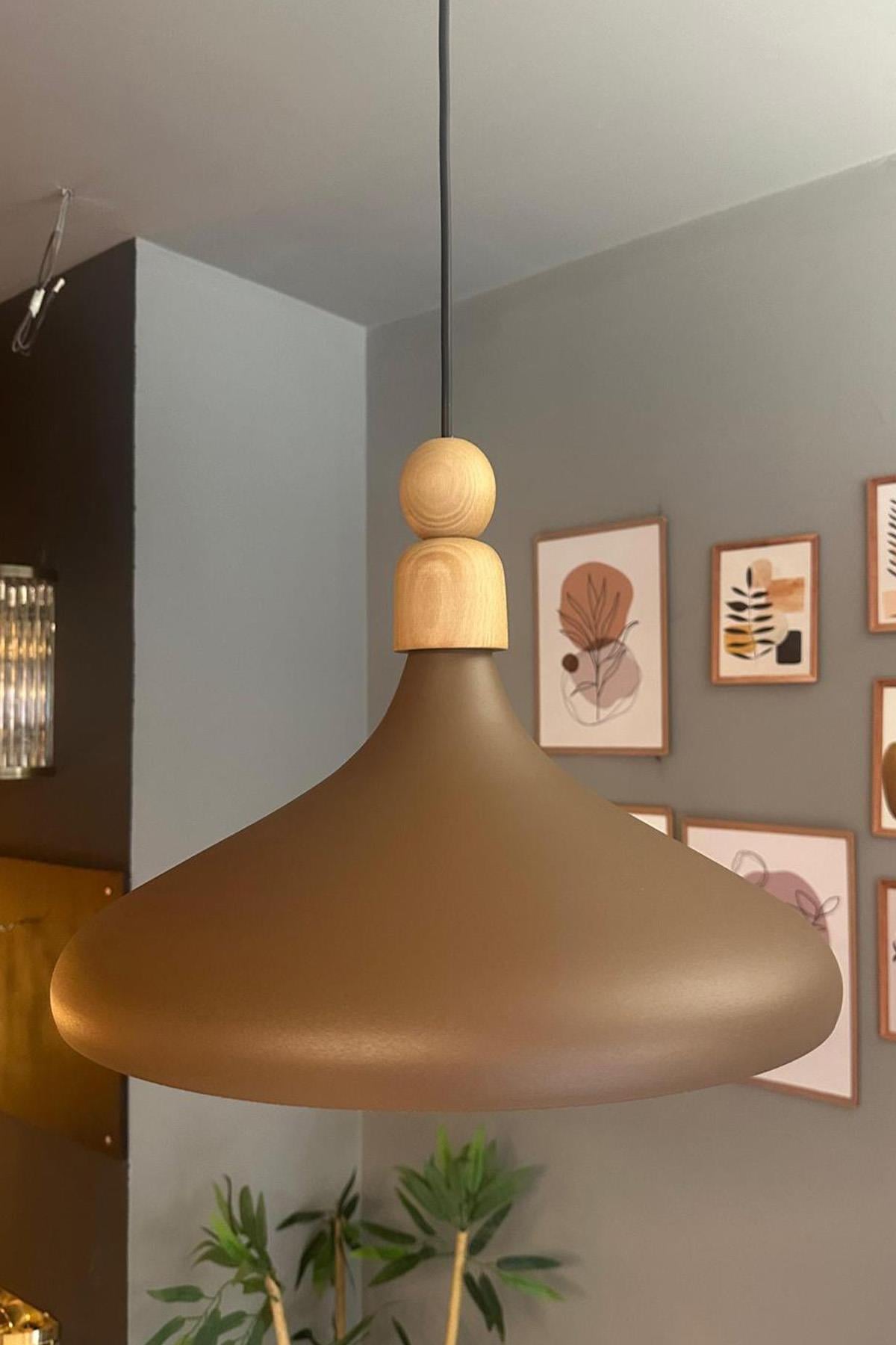 Sütlü Kahve Tekli Avize Kalın Ahşap Boncuk Sarkıt Salon Mutfak Cafe Pastane Lamba Aydınlatma