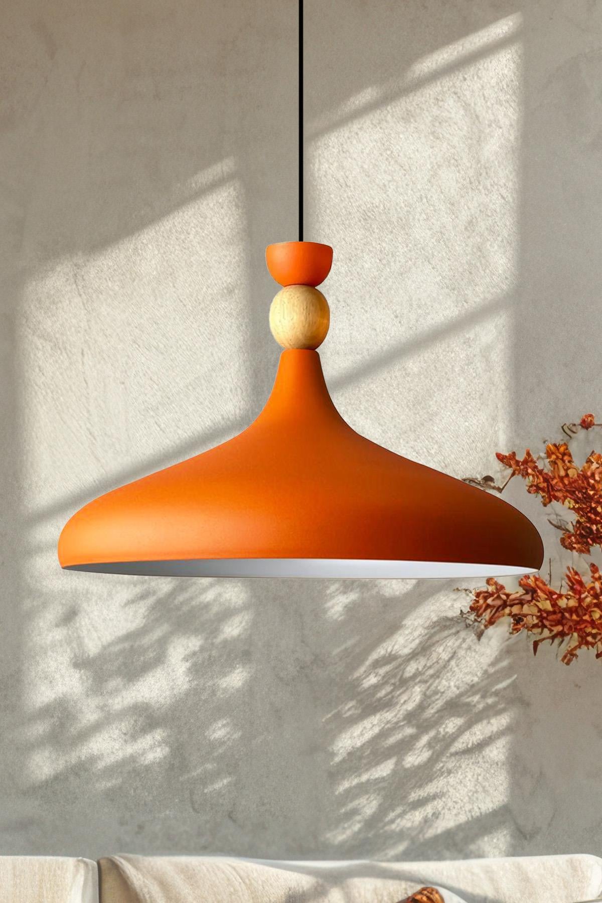 Turuncu Ahşap Şapka Tekli Avize Sarkıt Salon Mutfak Cafe Butik Lamba Aydınlatma Avizeler