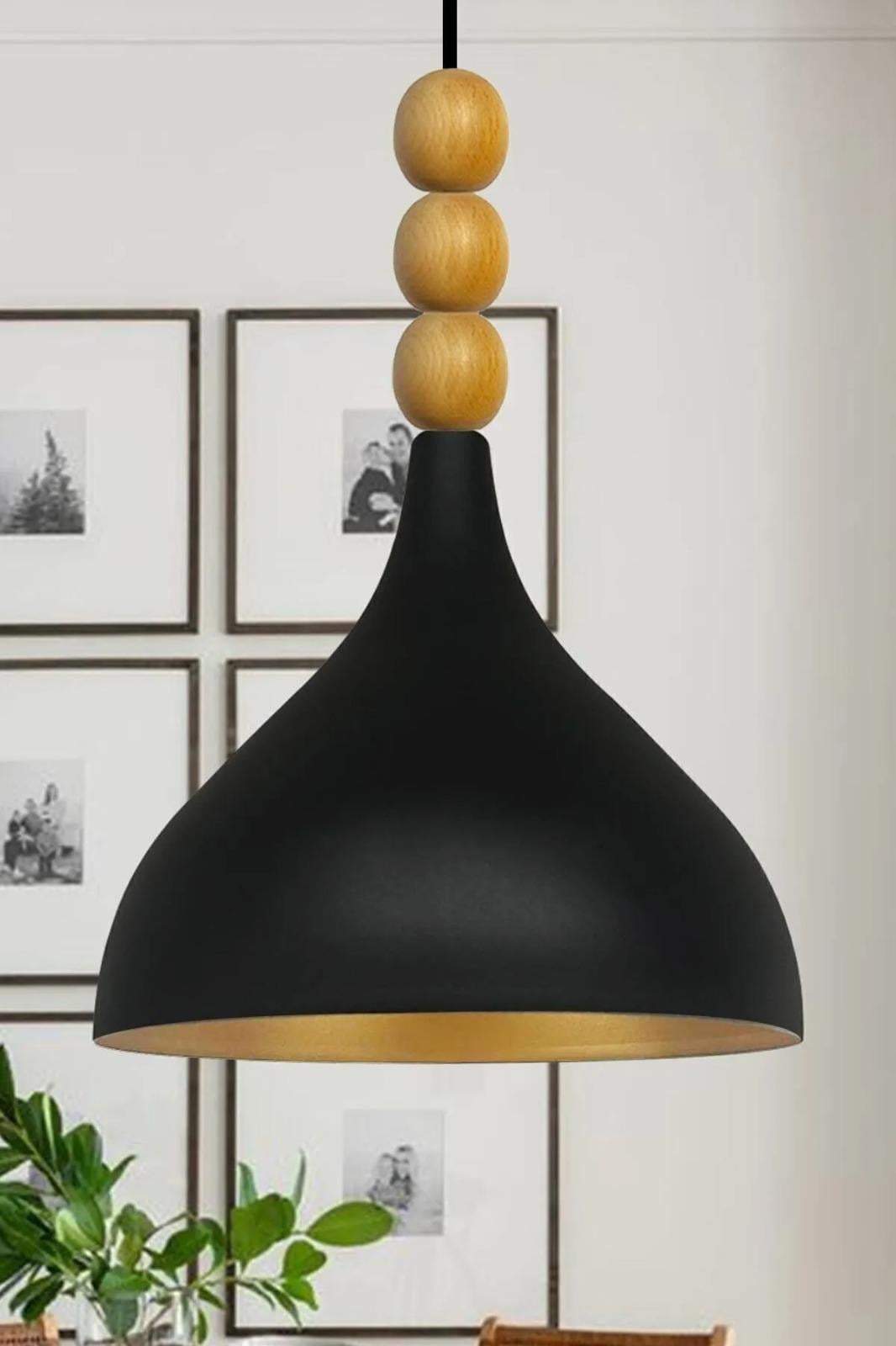 Uzun Siyah Boncuklu Tekli Sarkıt Ahşap Başlık Avize Salon Mutfak Cafe Restoran Lamba Avize