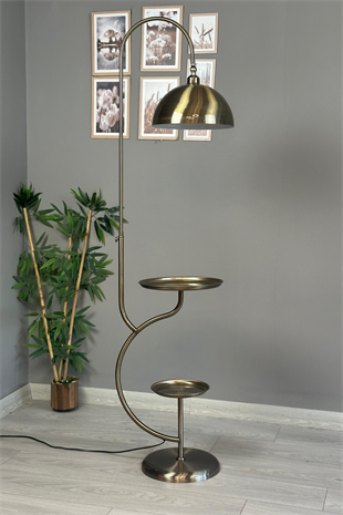 Çift Sehpalı Eskitme Lambader Sarmal Gövde Çift Tepsili Hareketli Başlık Metal Zemin Lambası