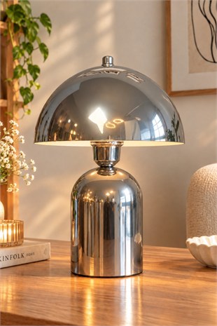 Line Abajur Krom Metal Gövdeli - 25 cm Çap - Oturma Odası Yatak Odası Salon Aydınlatma Masa Lambası