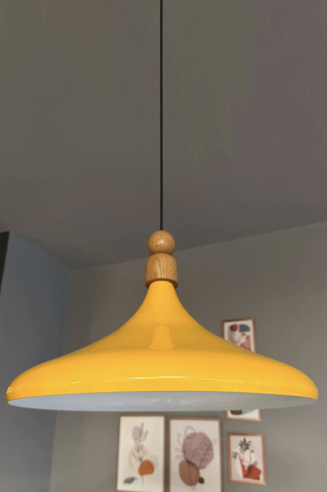 45 Cm Çap Champion XL Sarı Kalın Ahşap Boncuk Avize Tekli Sarkıt Lamba Restoran Salon Mutfak Avize