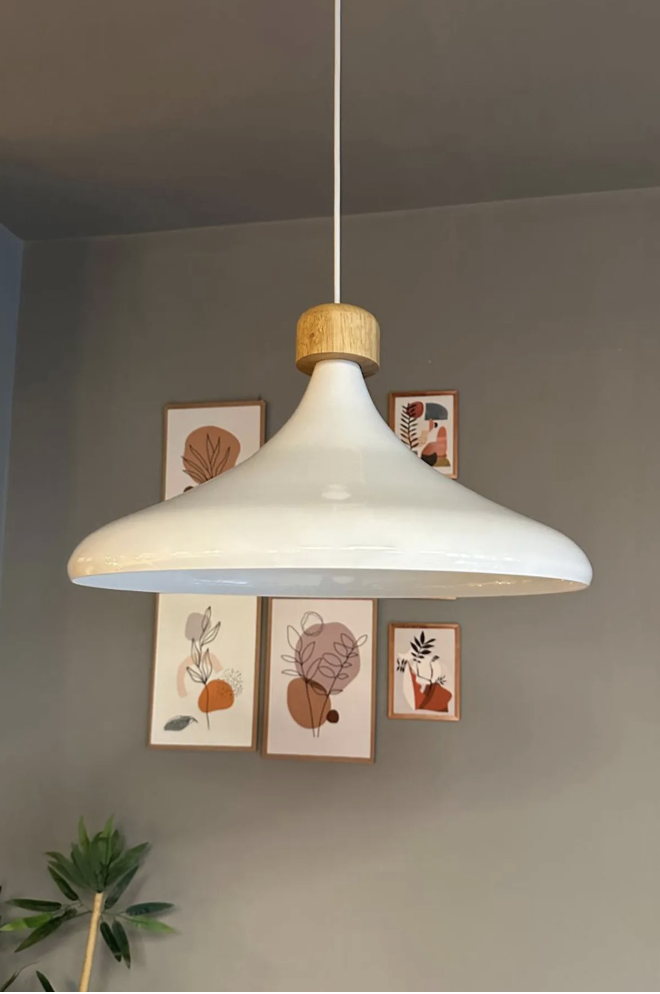 45 Cm Çap XL Beyaz Geniş Ahşap Başlık Avize Tekli Sarkıt Lamba Restoran Salon Mutfak Avize