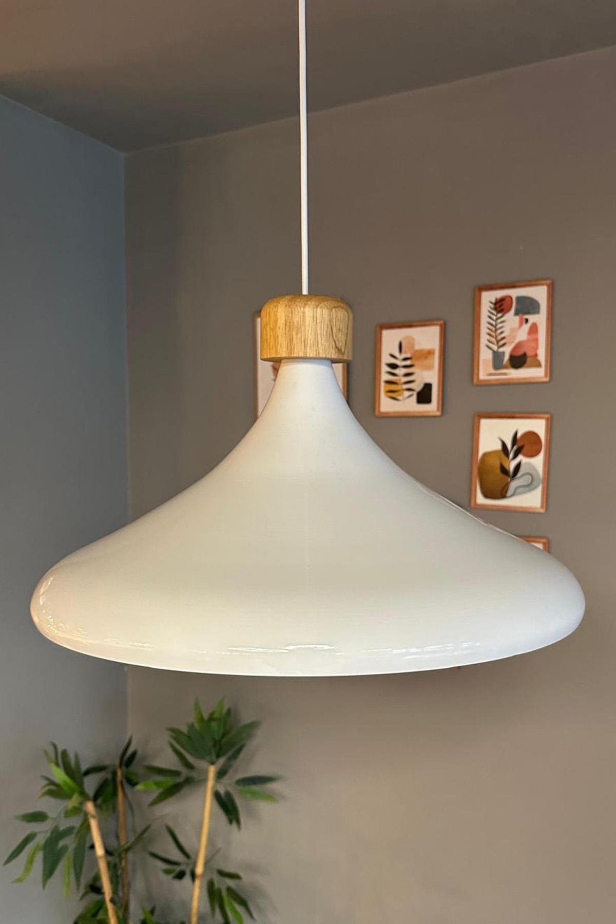 45 Cm Çap XL Beyaz Geniş Ahşap Başlık Avize Tekli Sarkıt Lamba Restoran Salon Mutfak Avize