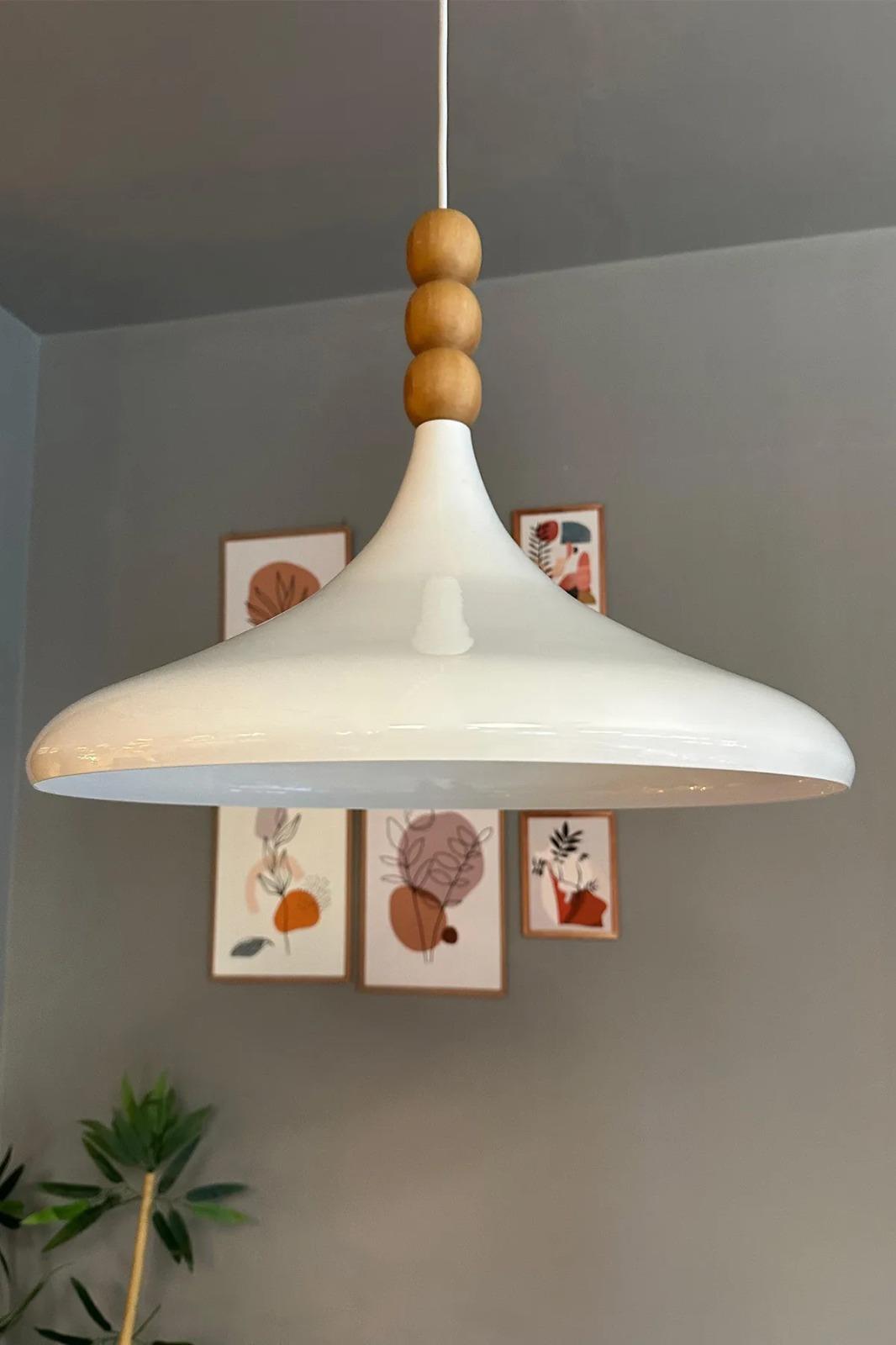 45 Cm Çaplı Champion Xl Beyaz Ahşap Boncuklu Avize Tekli Sarkıt Lamba Restoran Salon Mutfak Avize
