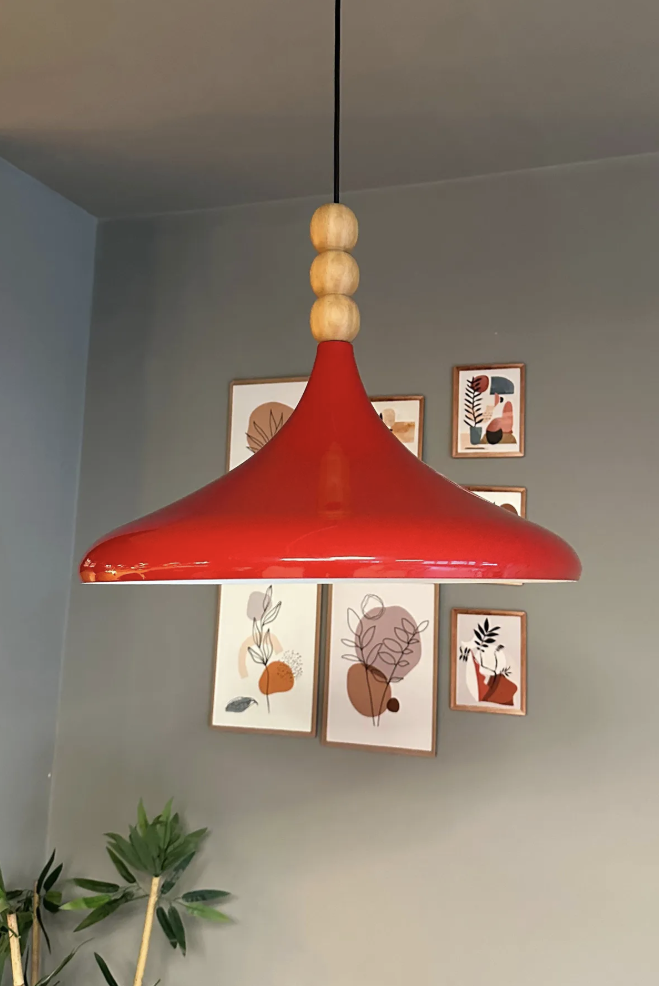45 cm Çaplı XL Kırmızı Ahşap Üç Boncuklu Avize Tekli Sarkıt Restoran Salon Mutfak Avizeleri