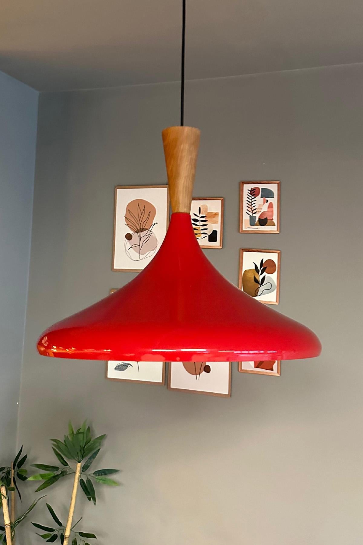 45 Cm Çaplı Xl Kırmızı Büyük Huni Ahşap Başlık Avize Tekli Sarkıt Restoran Salon Mutfak