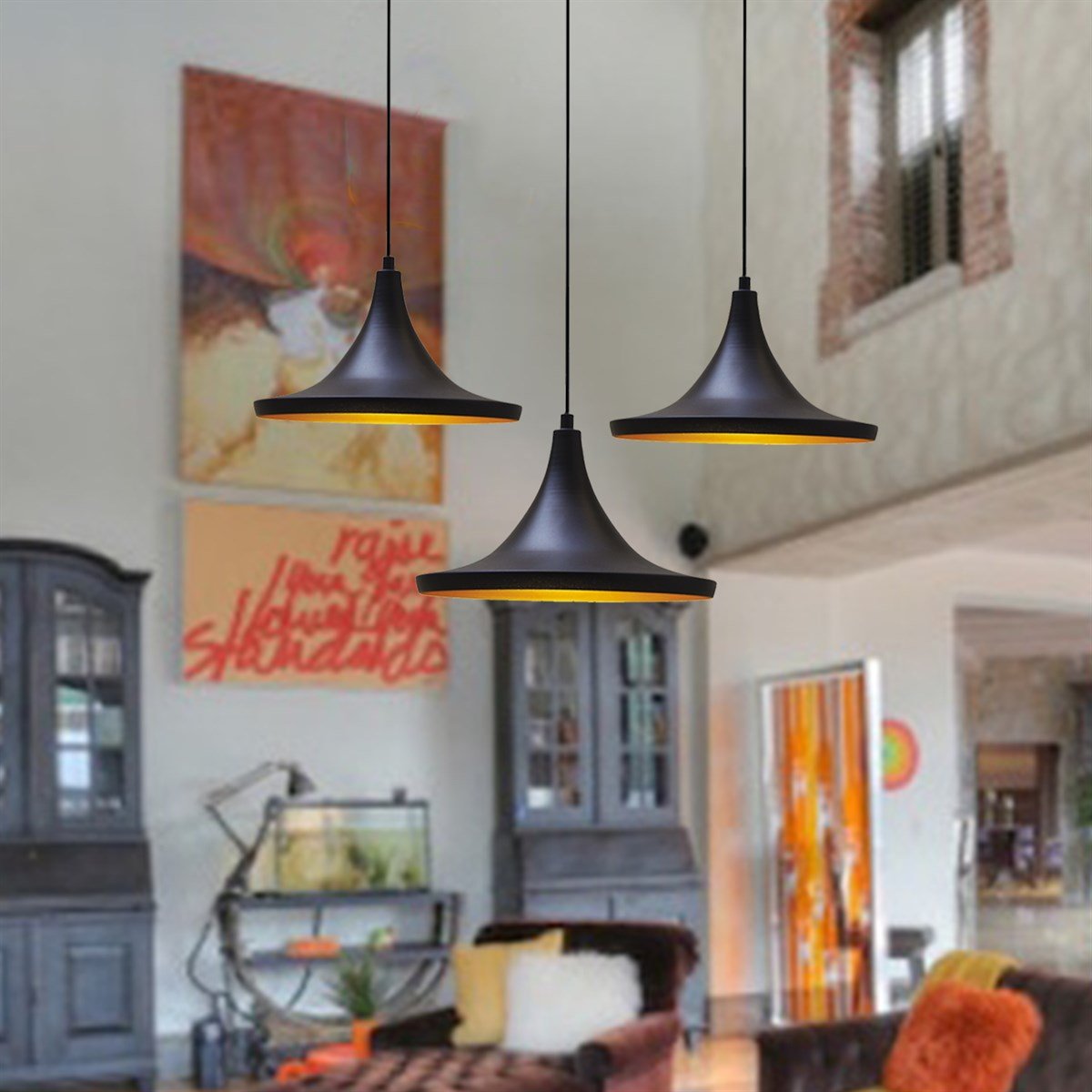 Bamyum Üçlü Geniş Circle Siyah Sarkıt Avize