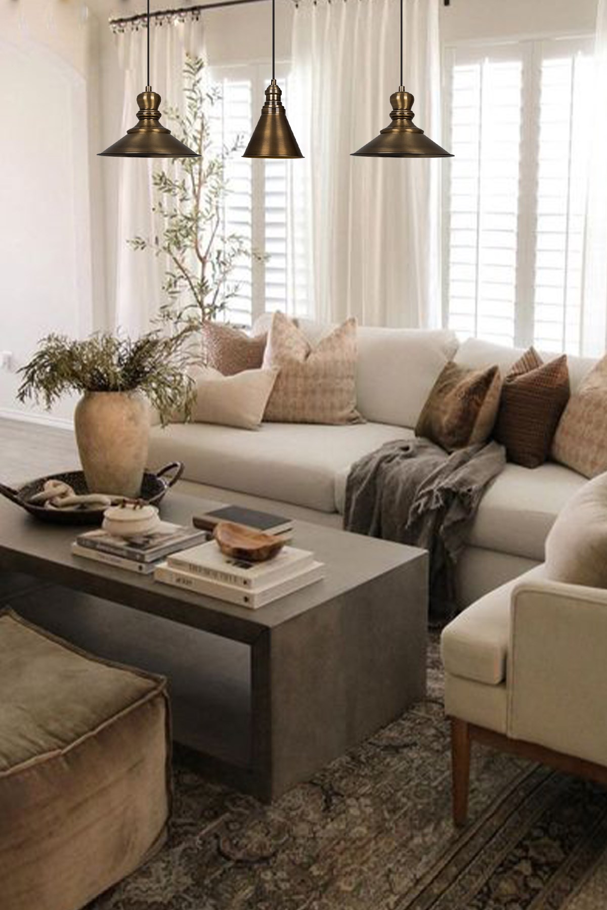 Bamyum Üçlü Rennes Eskitme Rengi Metal Sarkıt Avize  Lamba Rustik Vintage Iç Mekan Ofis Cafe