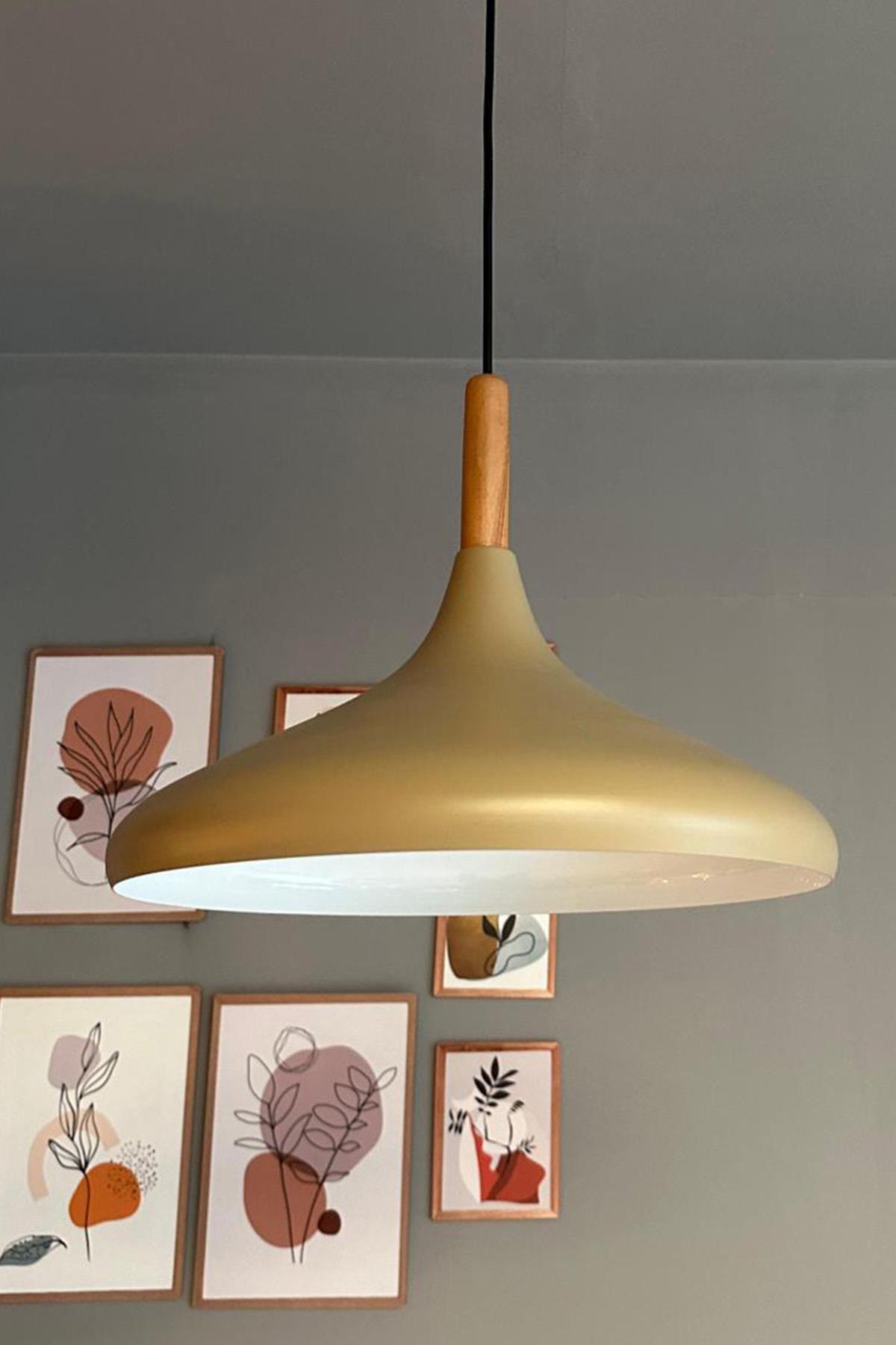 Bej Champion Ahşap Tekli Avize Sarkıt Salon Mutfak Cafe Butik Lamba Aydınlatma Avizeler