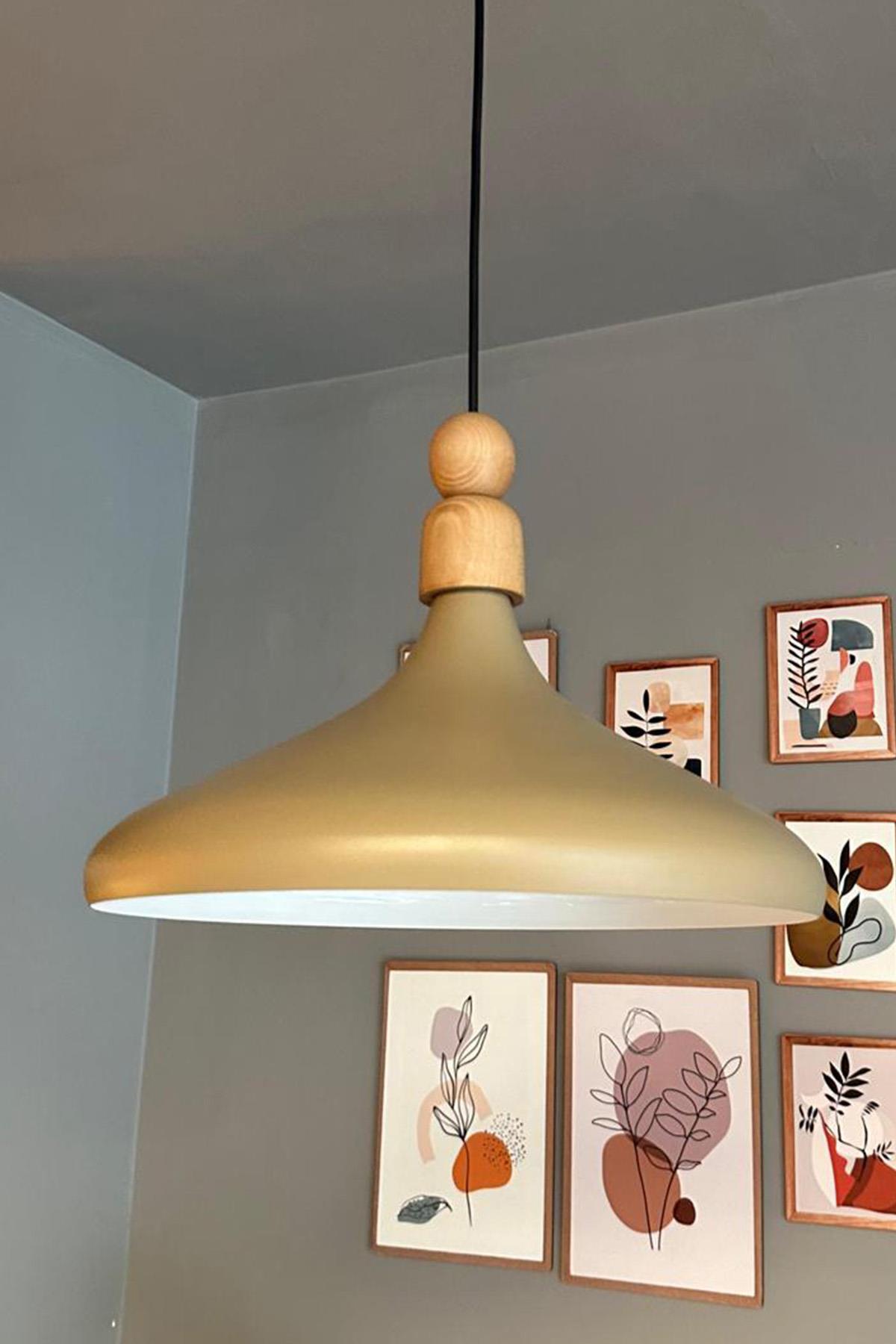 Bej Tekli Avize Kalın Ahşap Boncuk Sarkıt Salon Mutfak Cafe Pastane Lamba Aydınlatma Avizeler