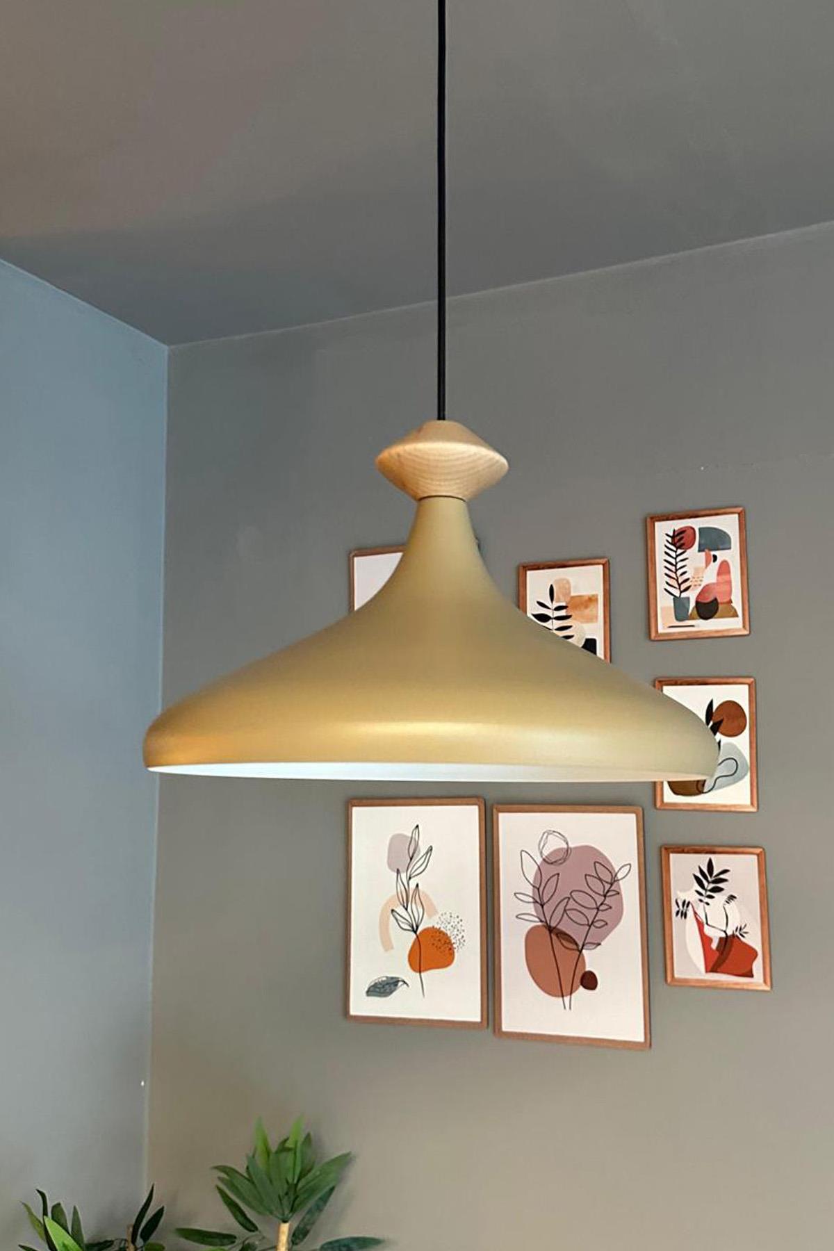 Bej Tekli Avize Topaç Ahşap Başlık Sarkıt Salon Mutfak Cafe Pastane Lamba Aydınlatma