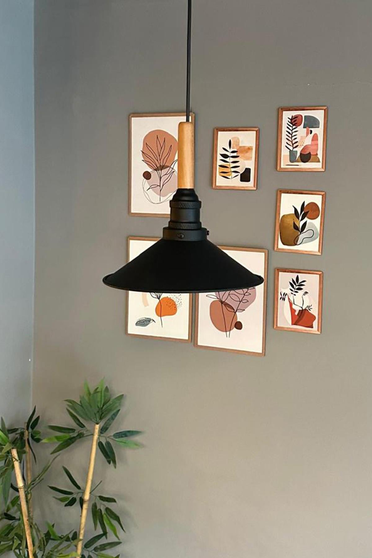 Benjamin Siyah Metal Sarkıt Avize Siyah Lale Ahşap Başlık Rustik Cafe Mutfak Modern Dekoratif Sarkıt