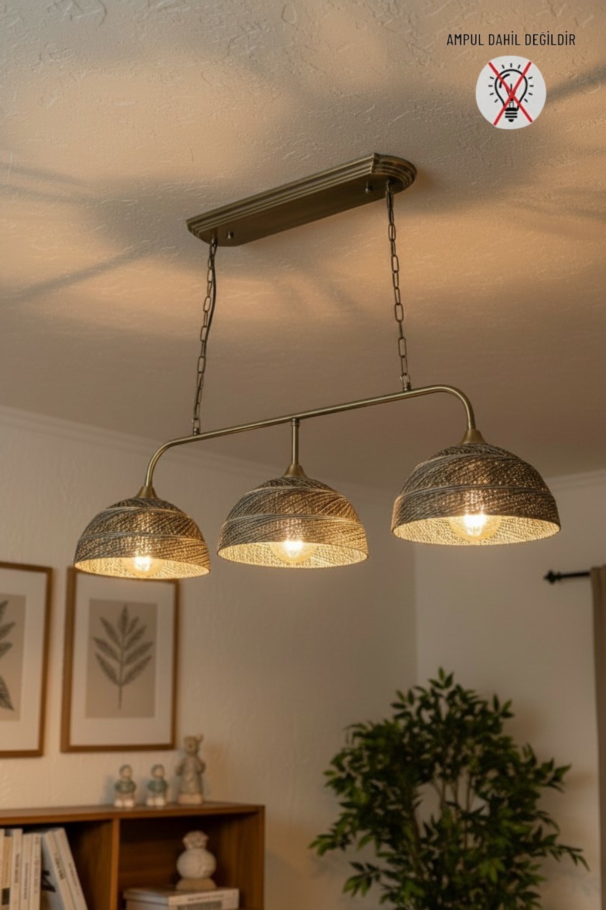 Bohem Alaca Kahve Recycle İplik Jüt El Yapımı Brillar Üçlü Eskitme Metal Rustik E27 Salon Yemek Masası Sarkıt Avize
