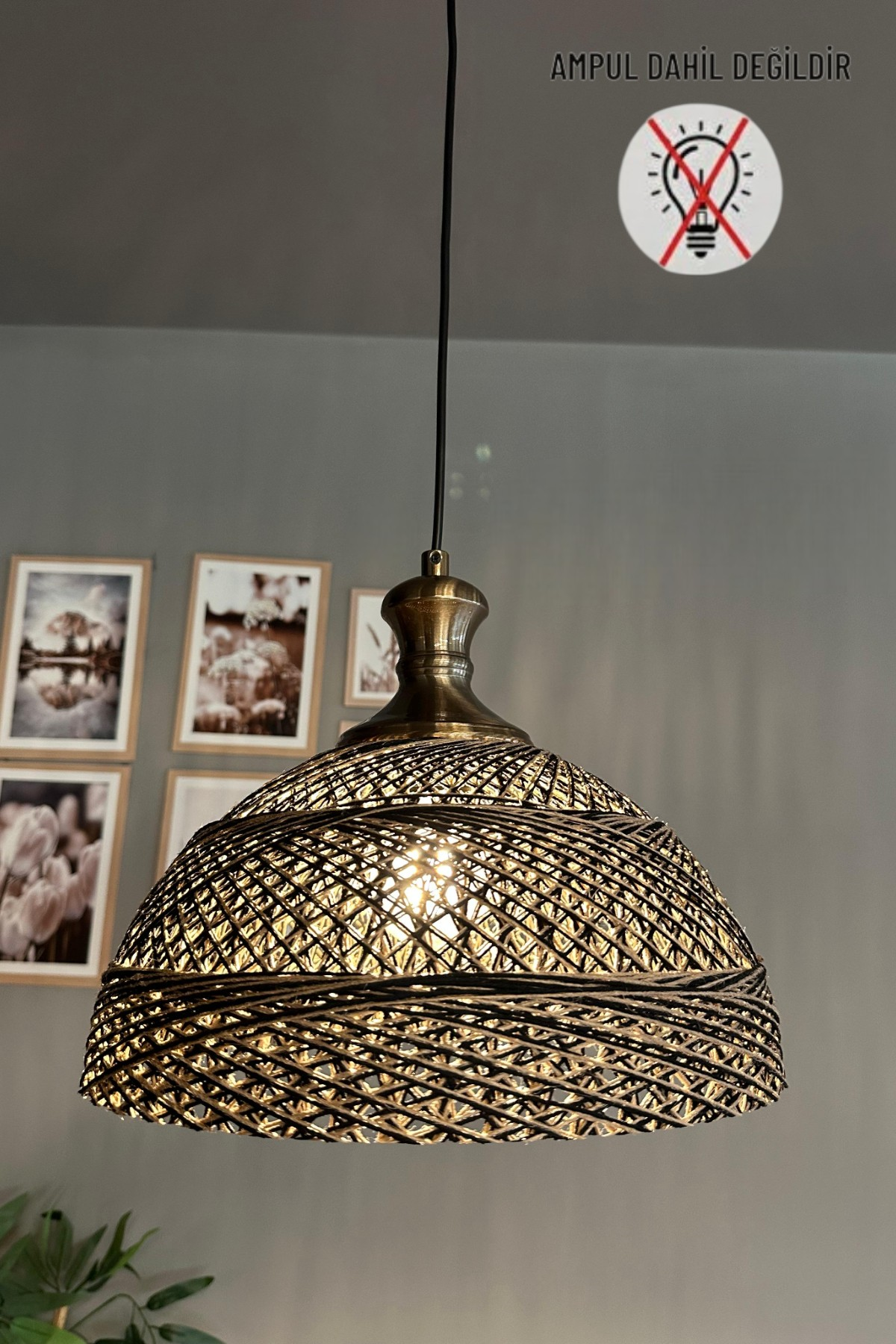 Bohem Recycle İplik Jüt El Yapımı Siyah Parçacıklı Hasır Eskitme Tokmak Başlık Tekli Avize
