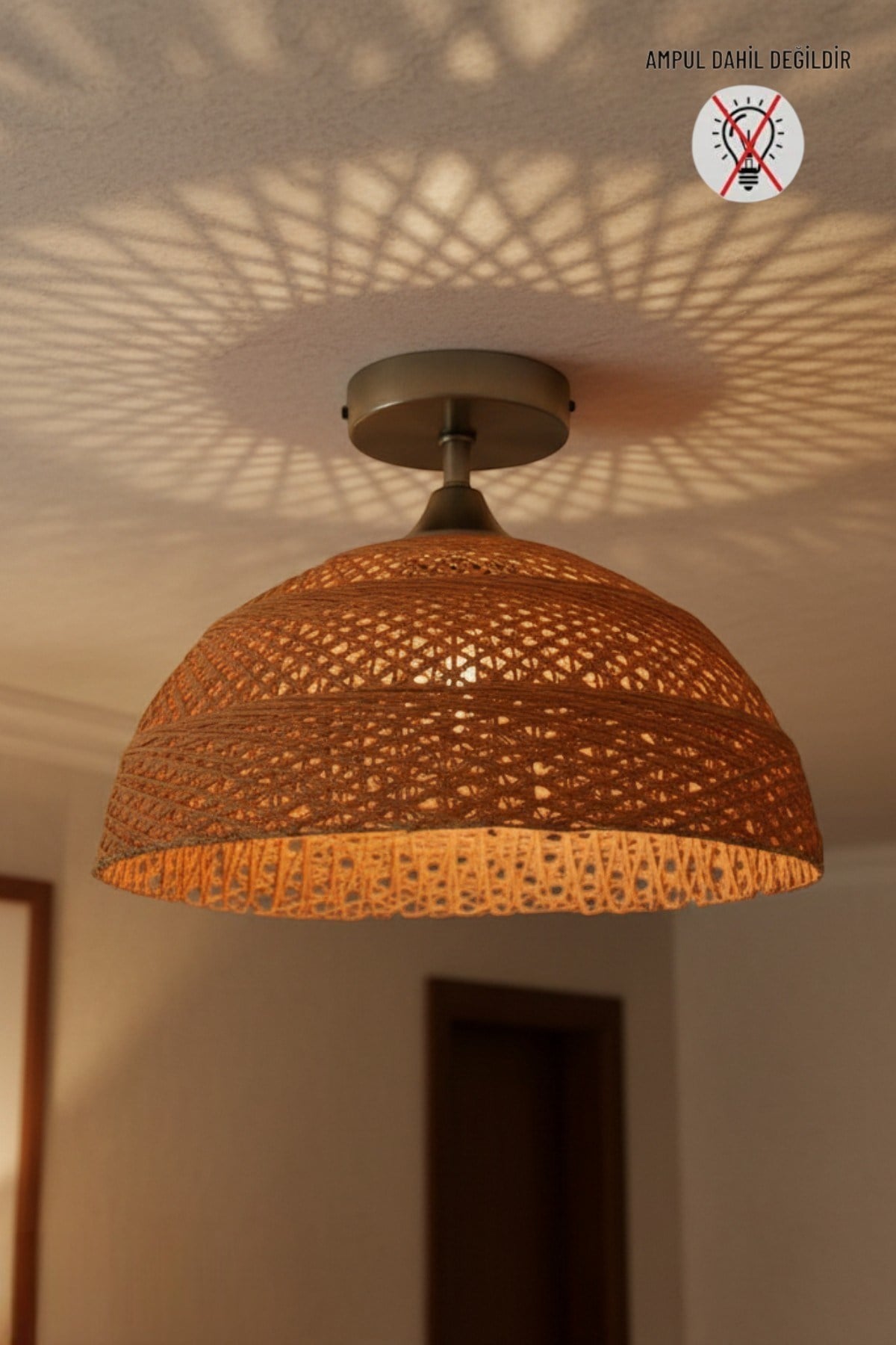 Bohem Recycle İplik Jüt El Yapımı Turuncu Piramit Plafonyer Başlık Tekli Modern Aydınlatma