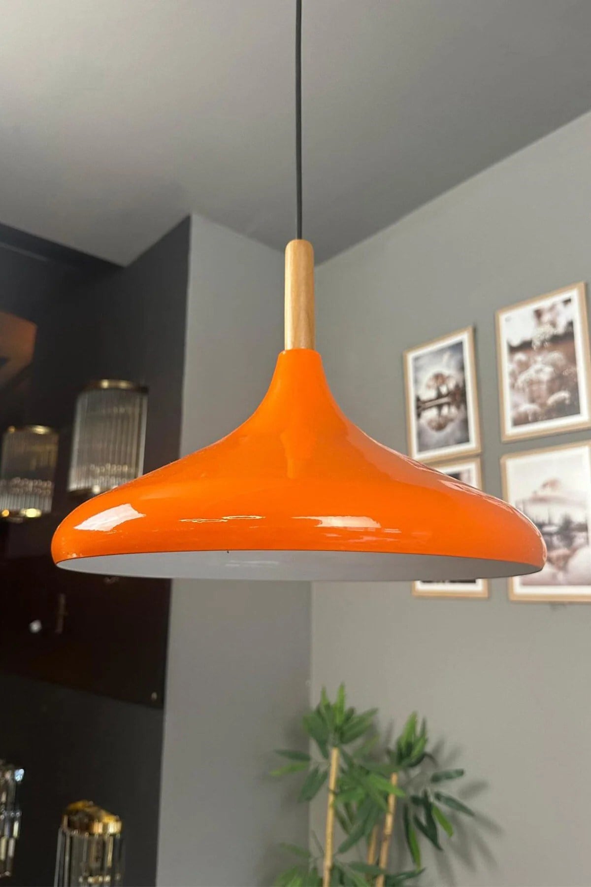 Champion Parlak Turuncu Ahşap Tekli Avize Sarkıt Salon Mutfak Cafe Butik Lamba Aydınlatma Avizeler