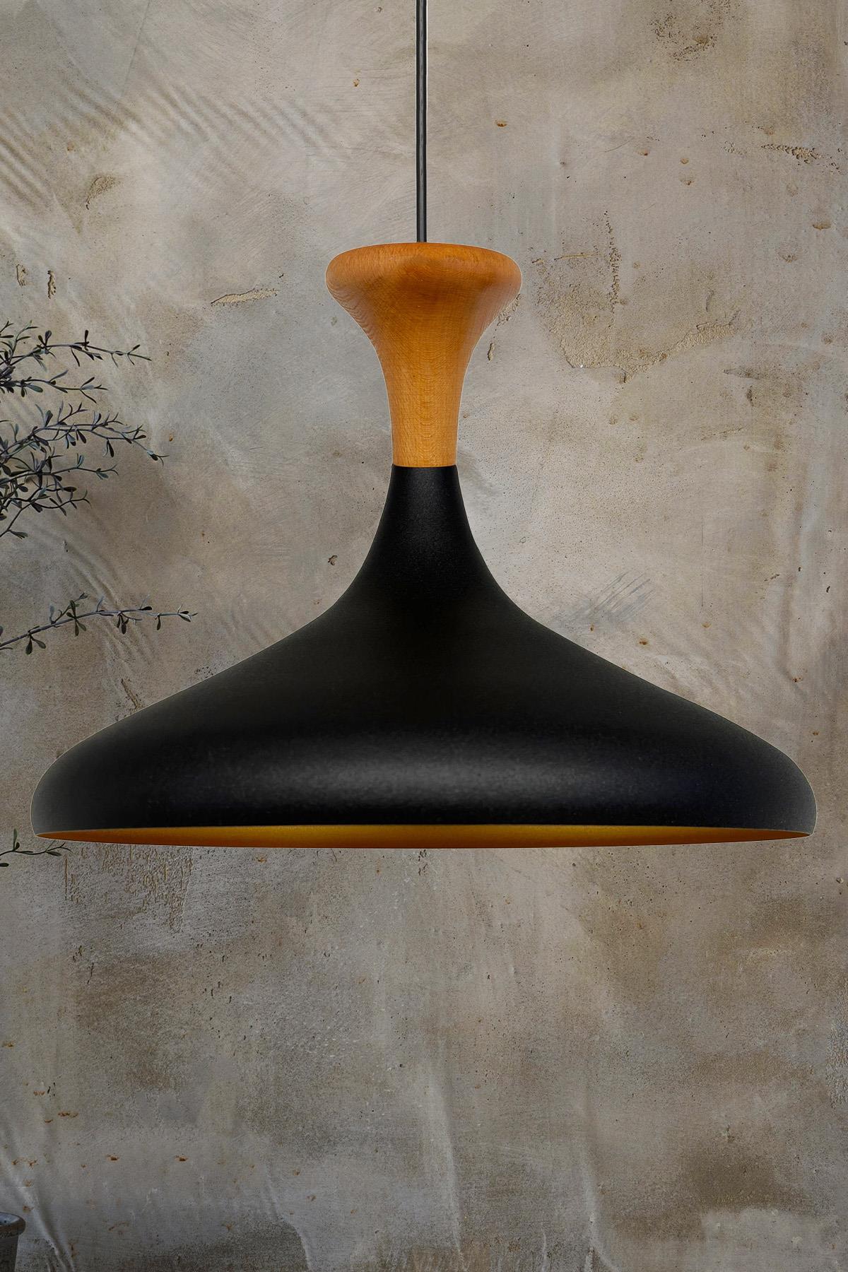 Champion Siyah Ahşap Mantar Başlık Tekli Avize Salon Oturma Odası Mutfak Yatak Odası Sarkıt Modeli