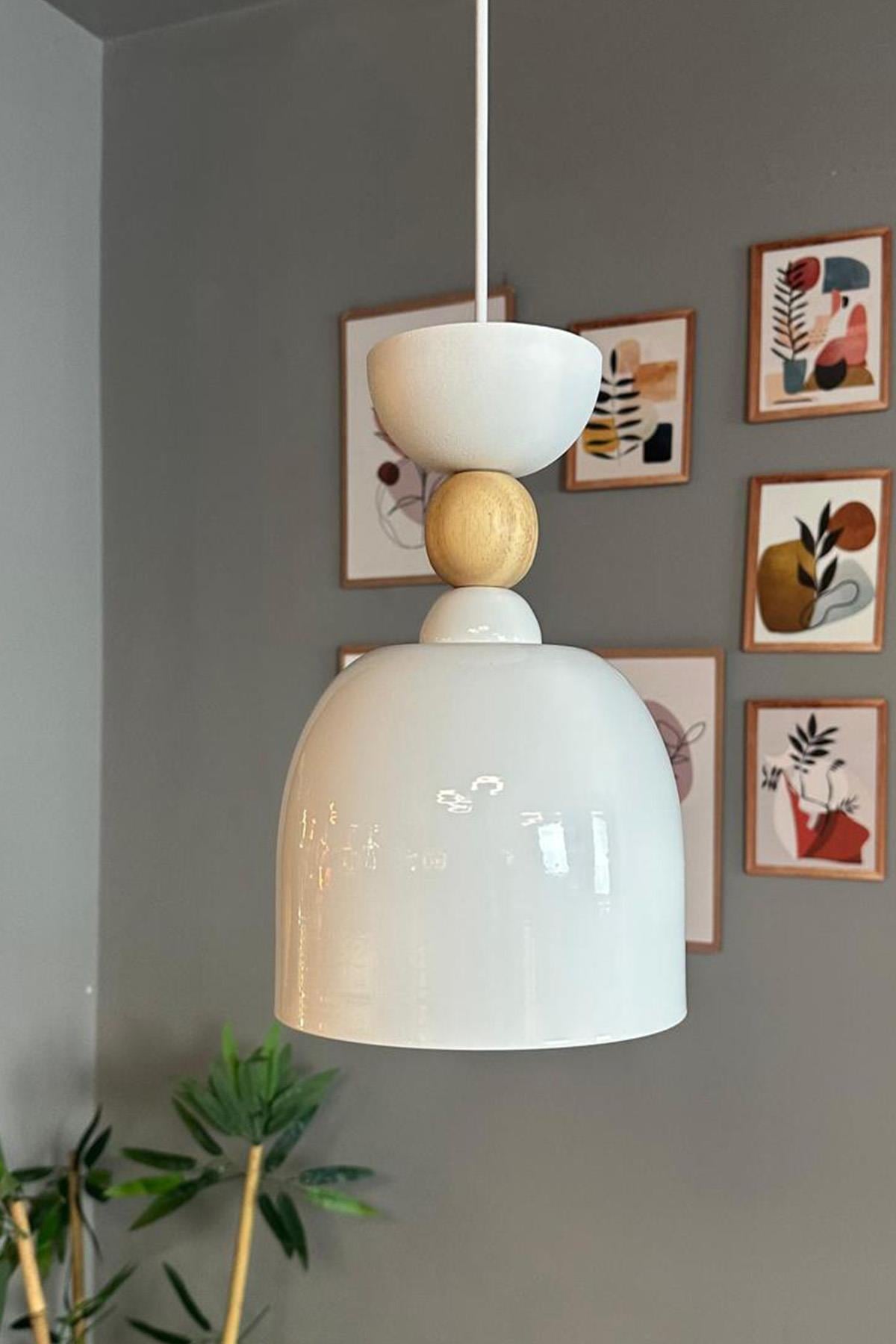 Deep Beyaz Ahşap Başlık Tekli Avize Sarkıt Salon Mutfak Butik Lamba Aydınlatma Avize