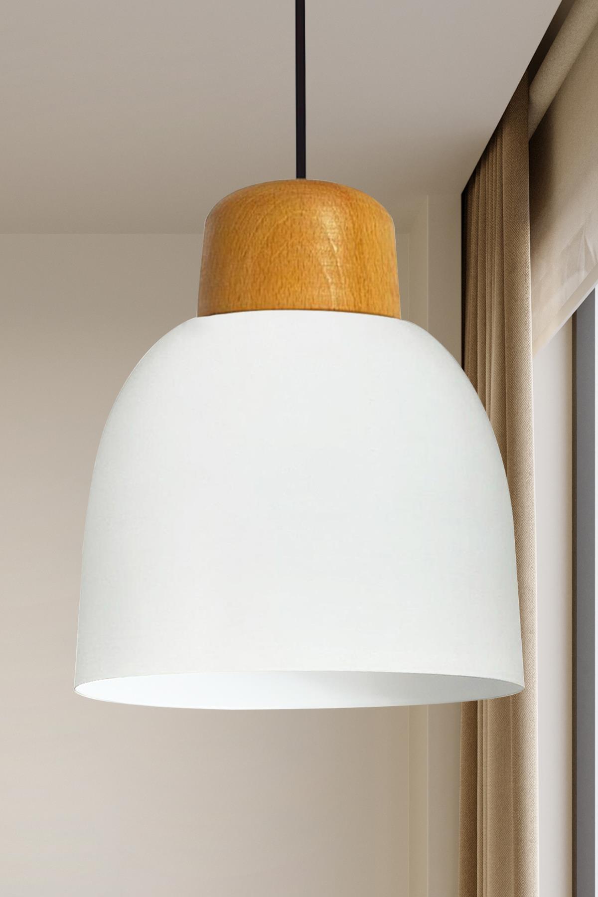 Deep Beyaz Geniş Ahşap Başlık Tekli Avize Sarkıt Salon Mutfak Butik Lamba Aydınlatma Avizeler