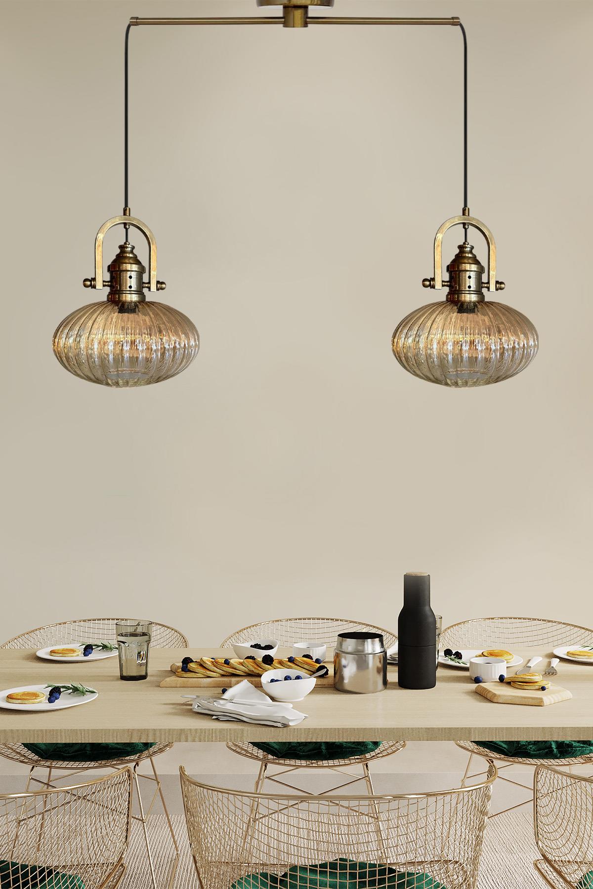 Elegant Cam Bal Rengi Üçlü Avize Gemici Eskitme Başlık Sarkıt Lamba Restoran Salon Aydınlatma