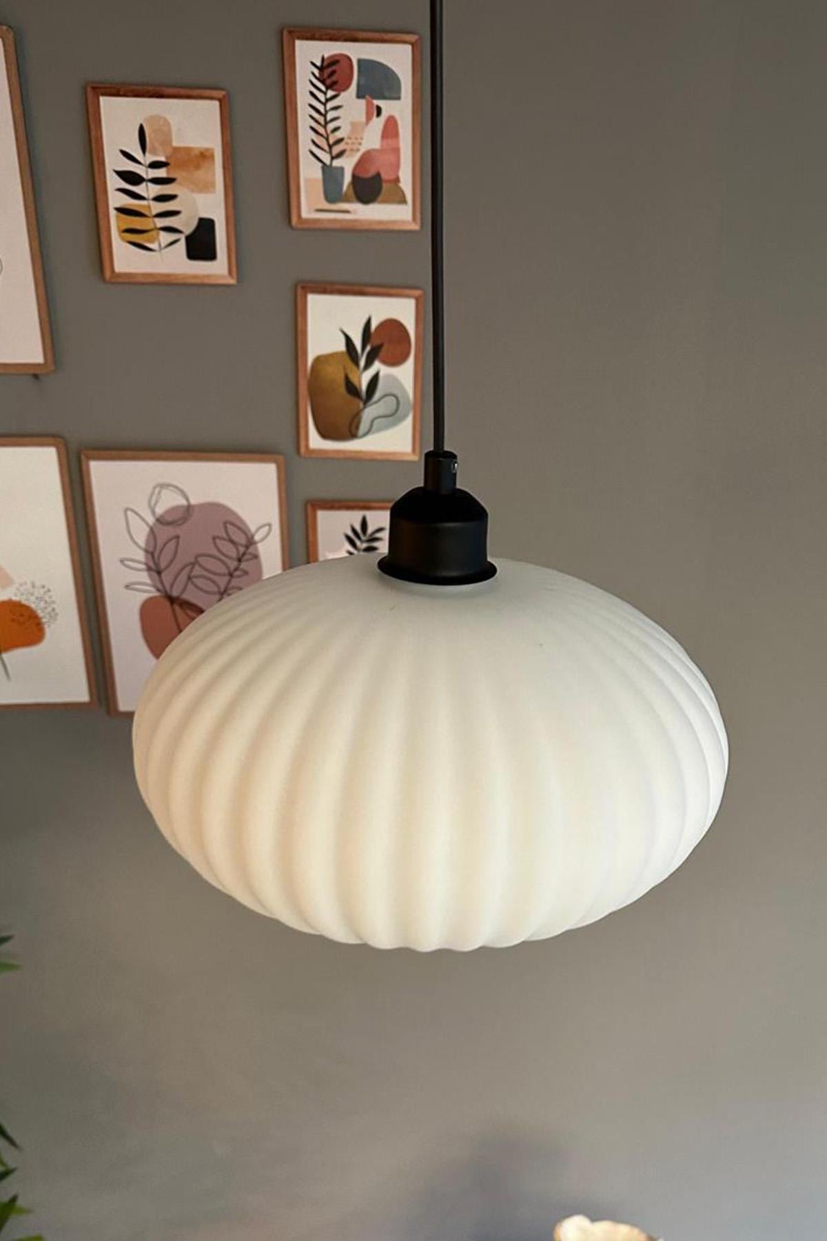 Elegant Cam Beyaz Avize Siyah Yarım Lale Başlık Sarkıt Lamba Restoran Salon Aydınlatma