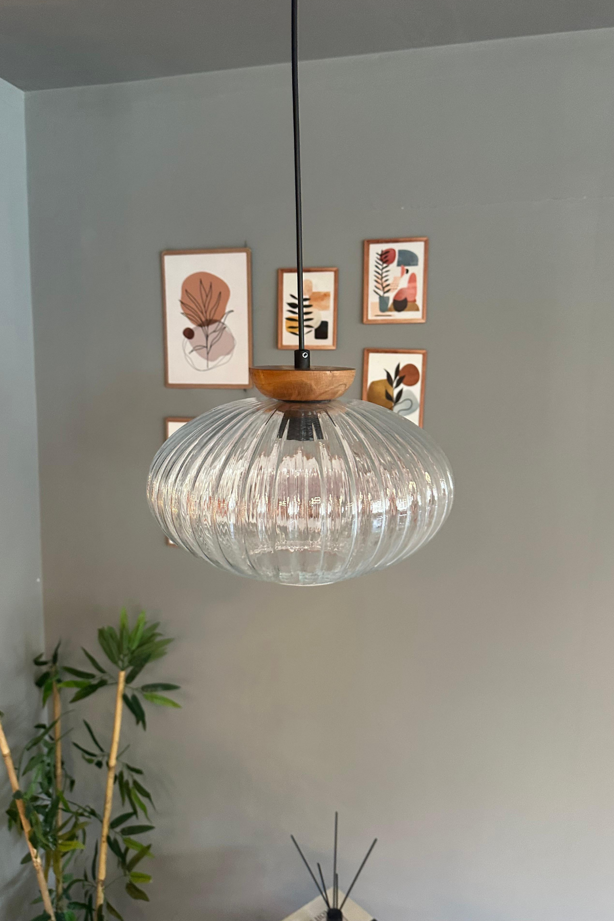 Elegant Cam Şeffaf Avize Ahşap Tabak Başlık Sarkıt Lamba Restoran Salon Aydınlatma
