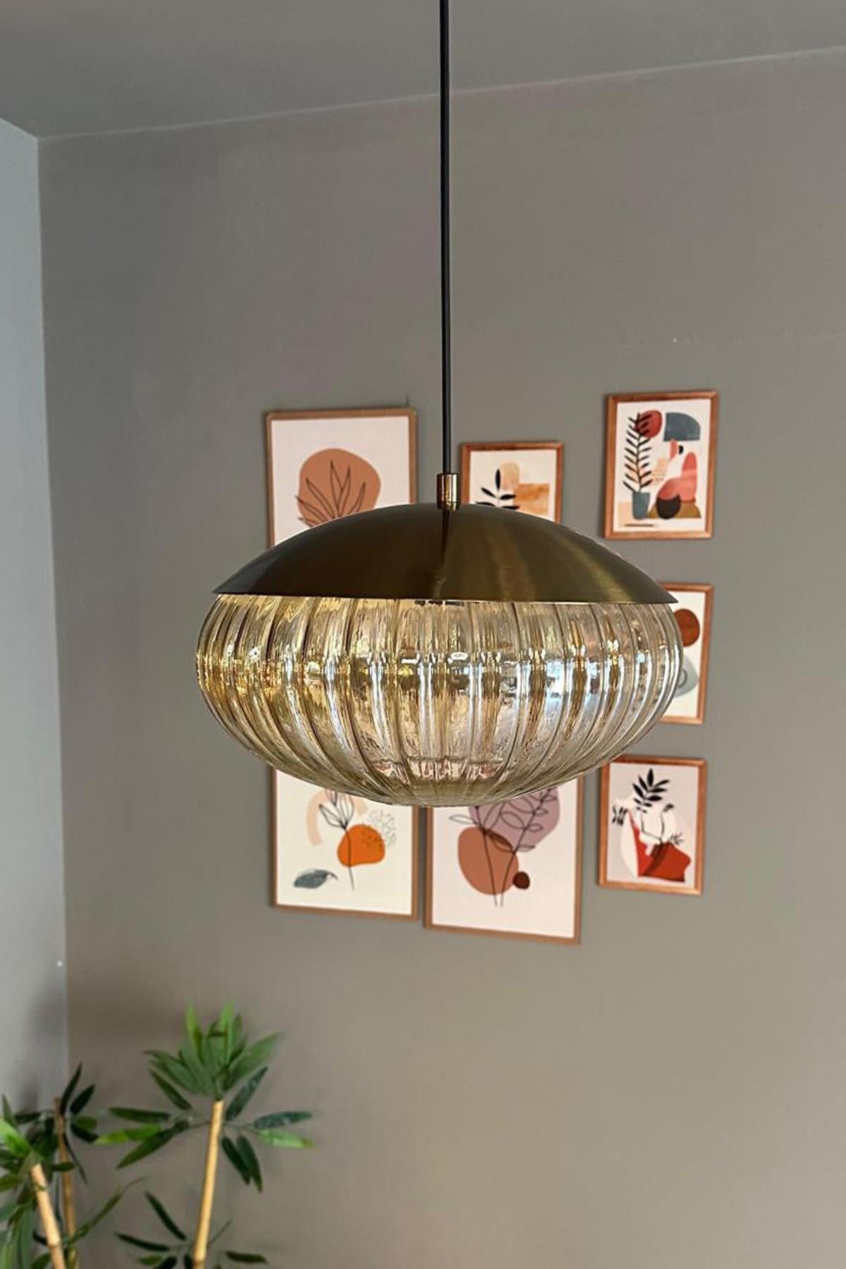 Elegant Cam Tekli Bal Rengi Avize Eskitme Şapkalı Başlık Sarkıt Lamba Restoran Salon Aydınlatma