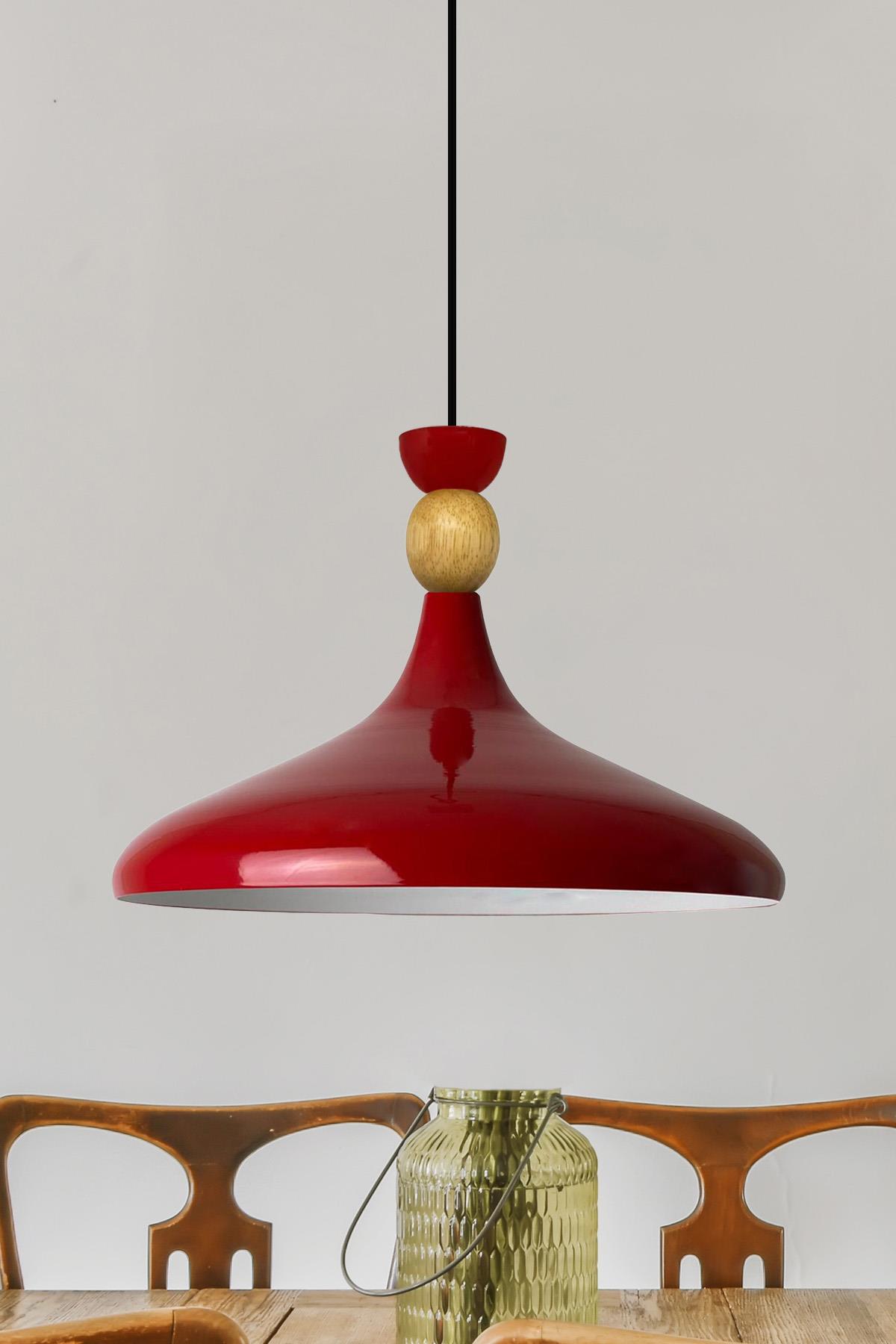 Kırmızı Ahşap Şapka Tekli Avize Sarkıt Salon Mutfak Cafe Butik Lamba Aydınlatma Avizeler