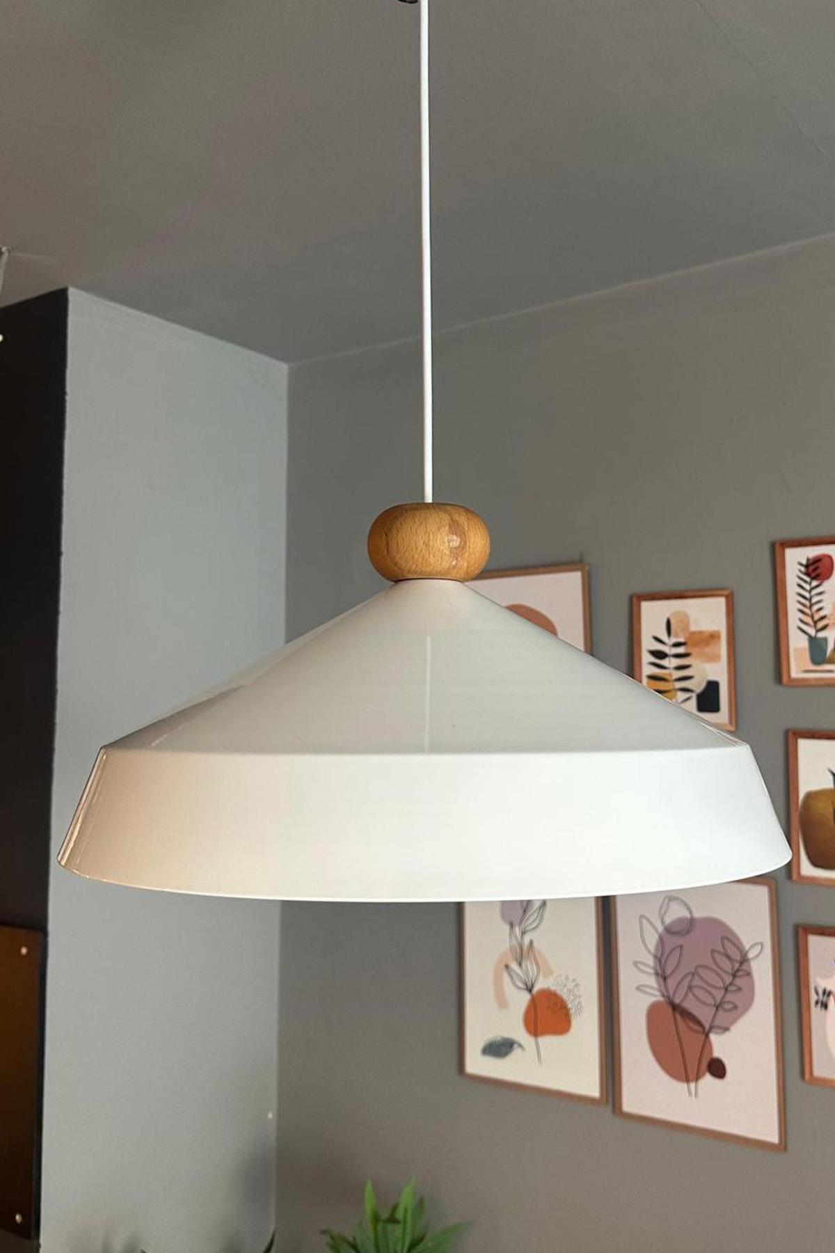 Lema Beyaz Tekli Avize Tekerlek Ahşap Başlık Sarkıt Lamba Restoran Cafe Salon Avizeleri