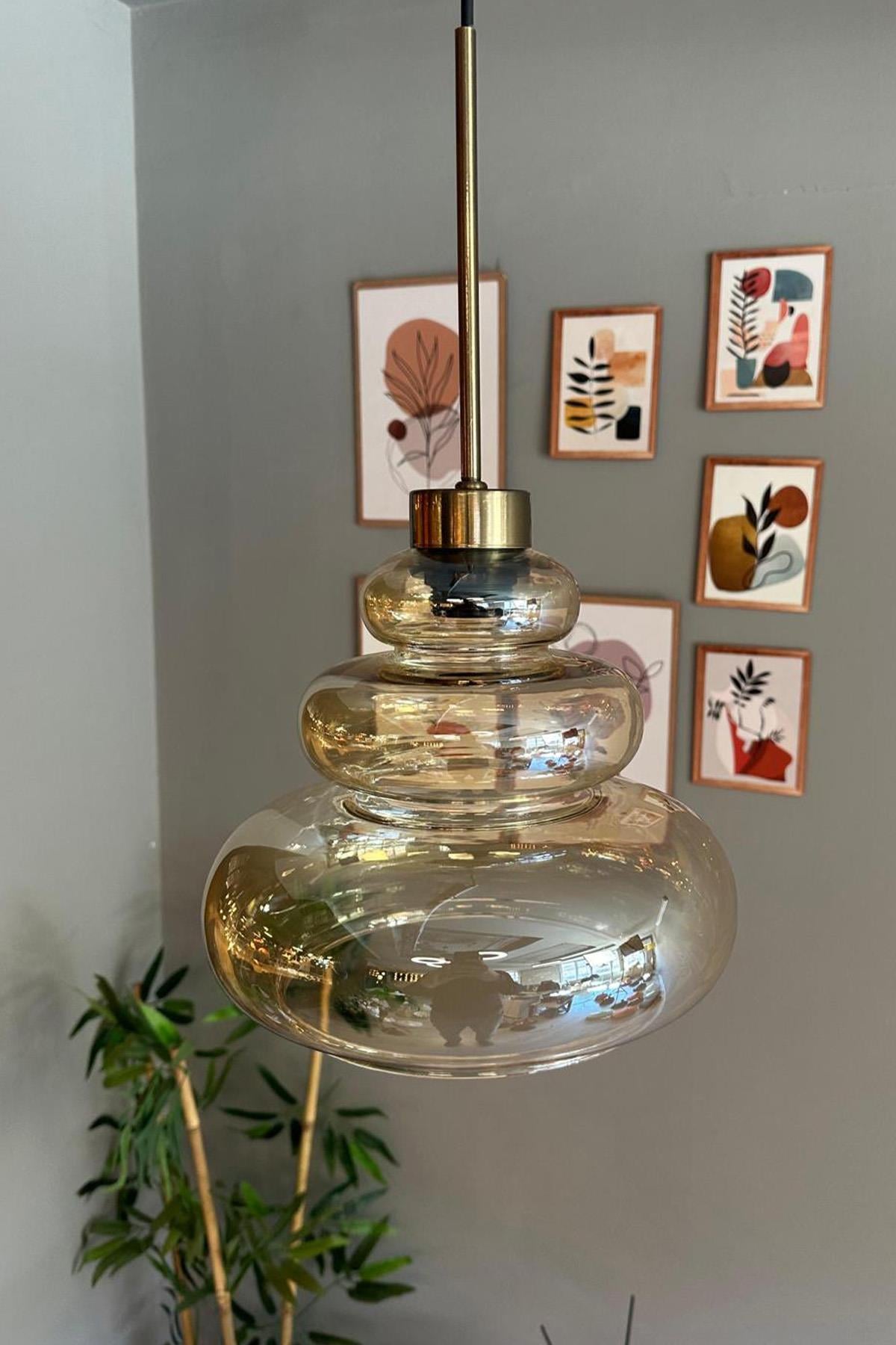 Lily Cam Bal Rengi Tekli Avize Eskitme Ince Başlık Retro Sarkıt Lamba Restoran Salon Aydınlatma