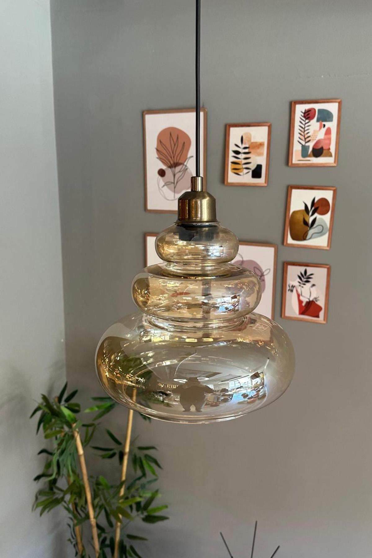 Lily Cam Bal Rengi Tekli Avize Yarım Lale Başlık Retro Sarkıt Lamba Restoran Salon Aydınlatma