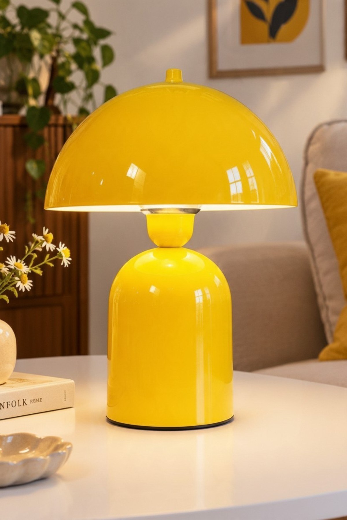 Line Abajur Açık Sarı Metal Gövdeli - 25 cm Çap - Oturma Odası Yatak Odası Salon Aydınlatma Masa Lambası