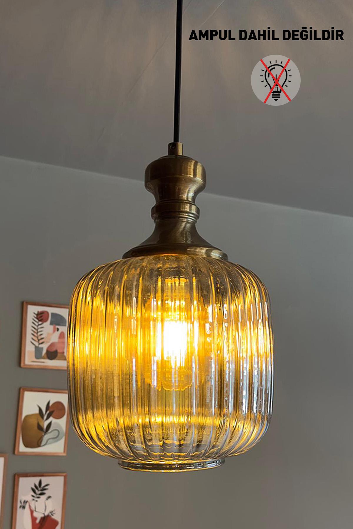 Lumina Cam Bal Rengi Tekli Avize Knob Tokmak Başlık Retro Sarkıt Lamba Restoran Salon Aydınlatma