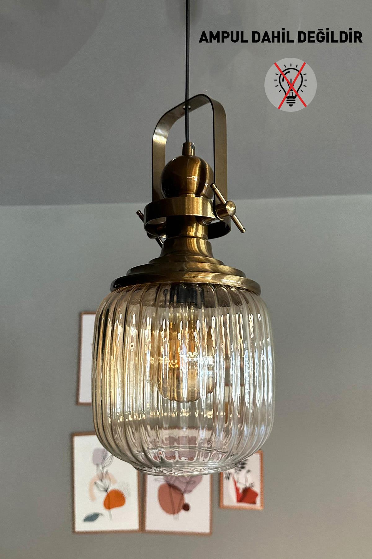 Mopa Cam Bal Rengi Tekli Avize Eskitme Başlık Retro Sarkıt Lamba Restoran Salon Aydınlatma