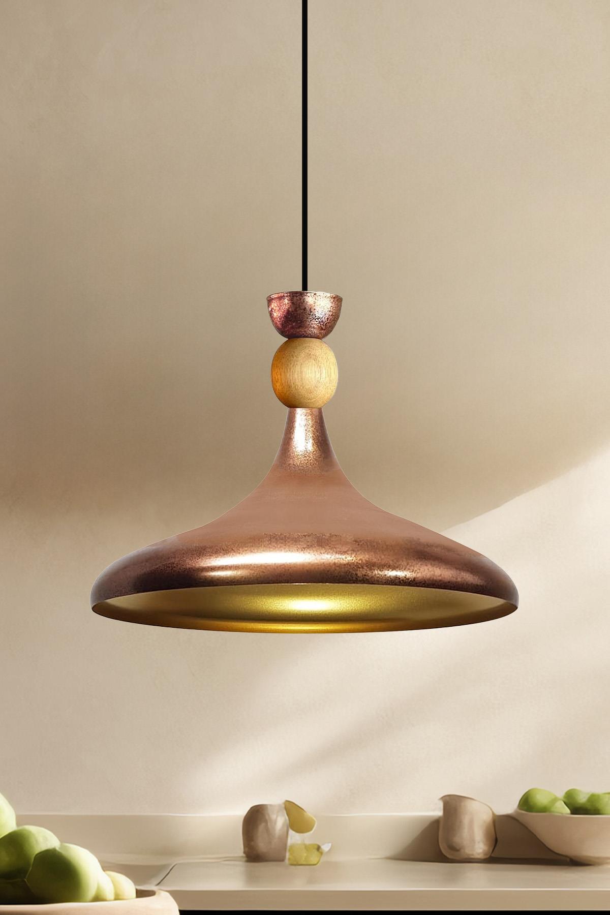 Patina Ahşap Şapka Tekli Avize Sarkıt Salon Mutfak Cafe Butik Lamba Aydınlatma Avizeler