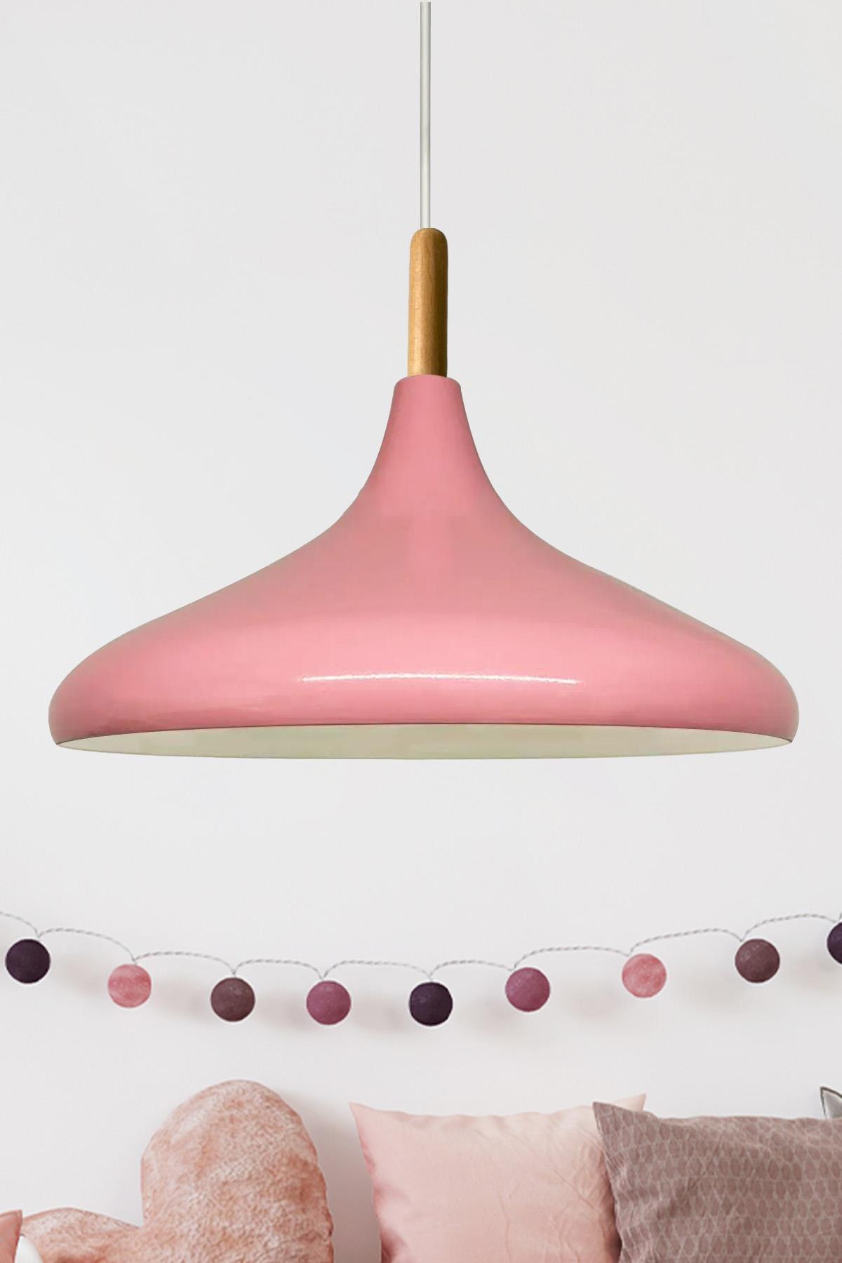 Pembe Champion Ahşap Tekli Avize Sarkıt Salon Mutfak Cafe Butik Lamba Aydınlatma Avizeler