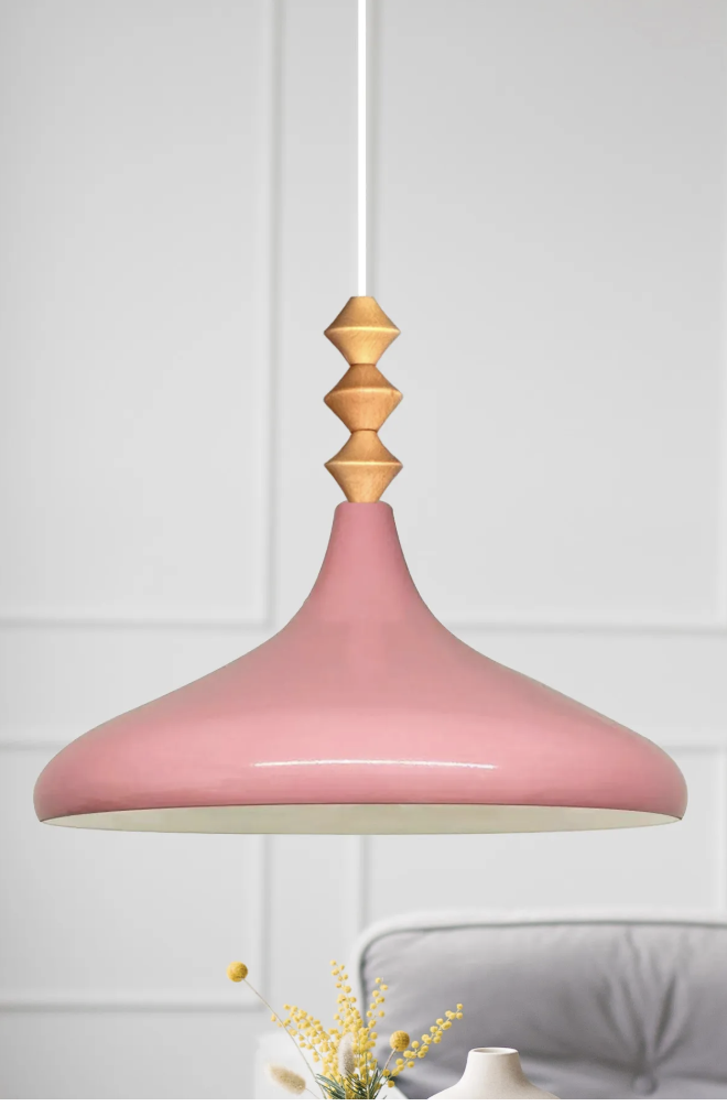 Pembe Q Ahşap Tekli Avize Sarkıt Salon Mutfak Cafe Butik Lamba Aydınlatma Avizeler