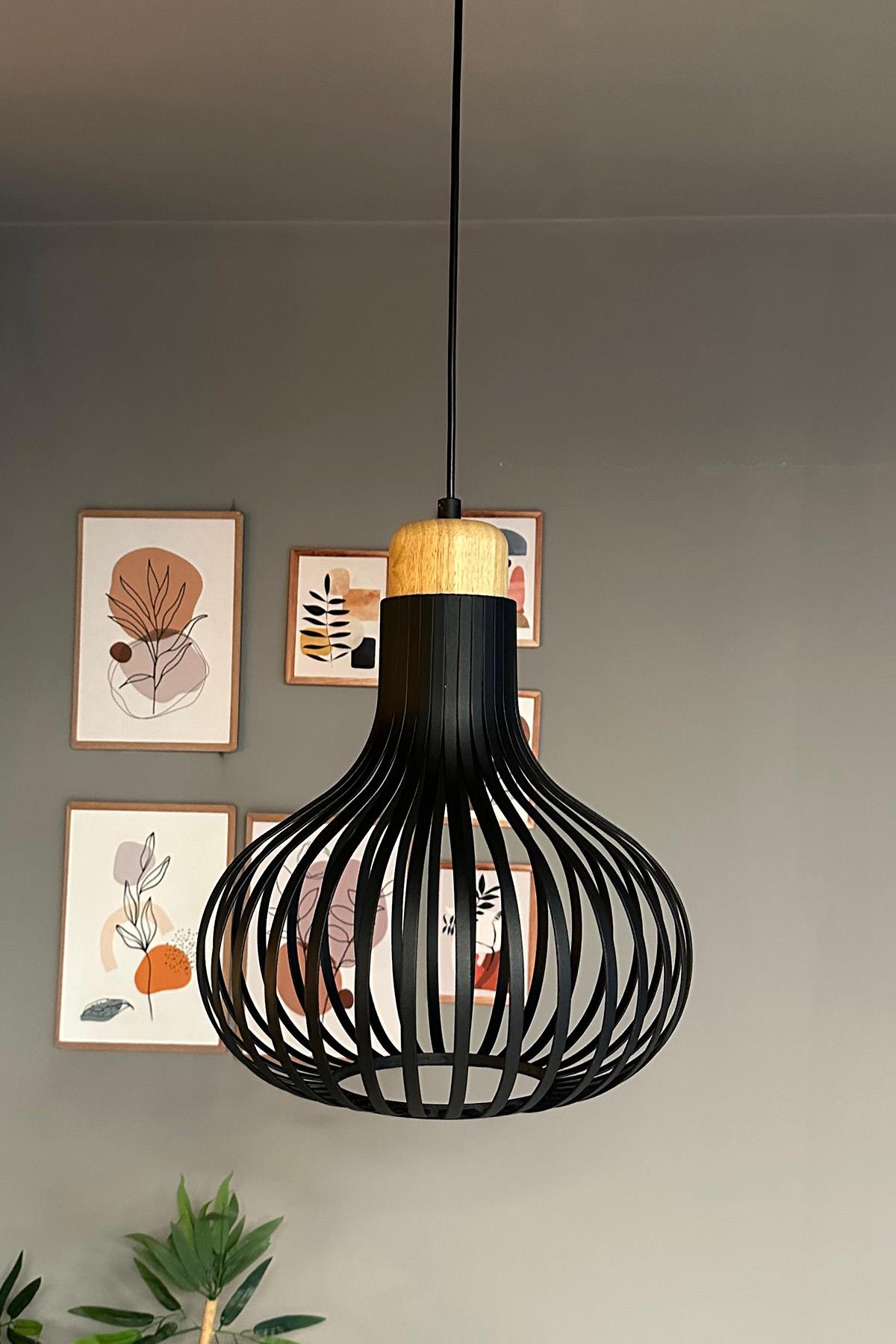 Pera Siyah Avize Tekli Geniş Ahşap Başlık İç Mekan Aydınlatma Dekoratif Mutfak Hol Cafe Ofis