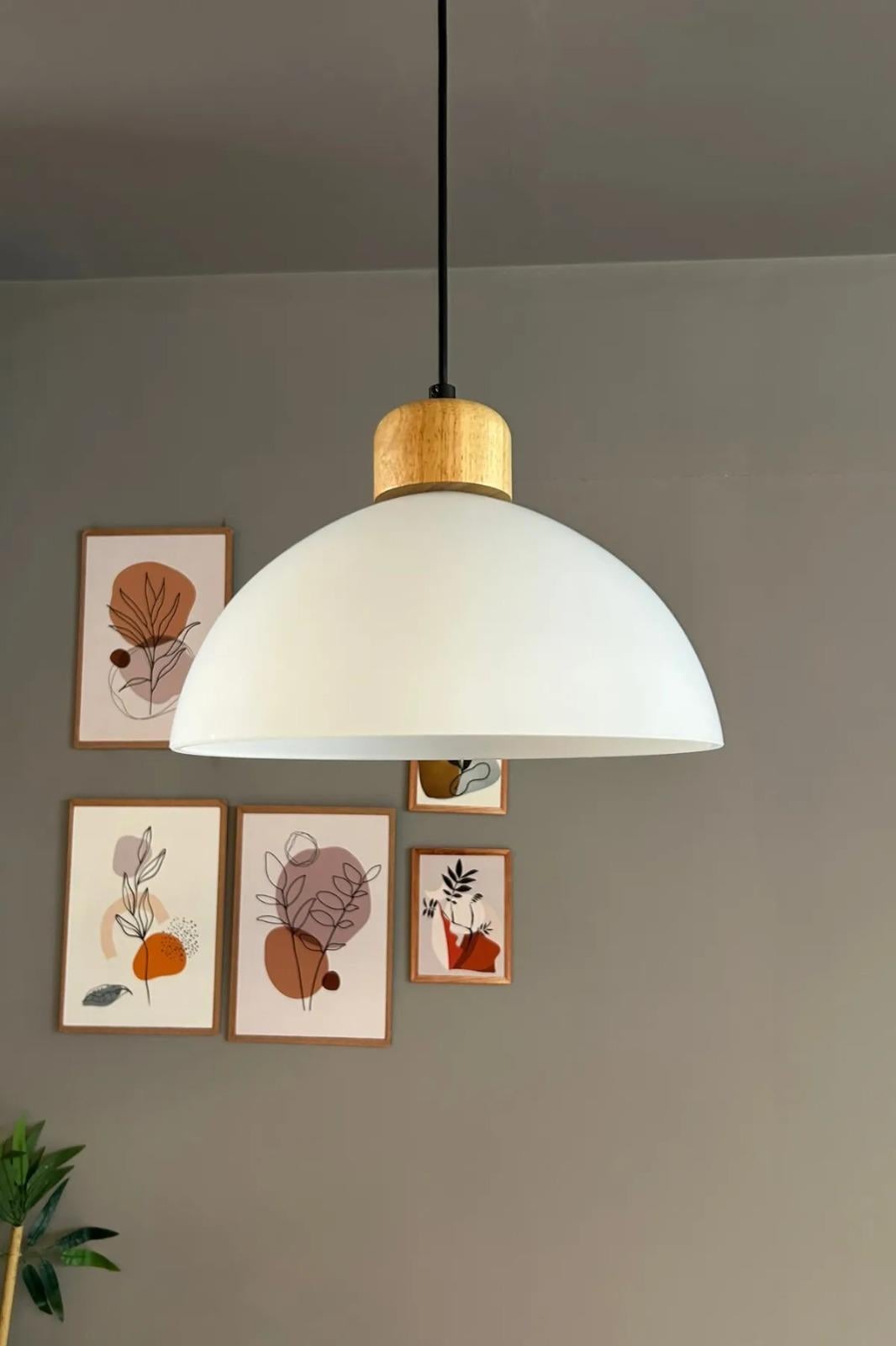 Perry Cam Tekli Avize Geniş Ahşap Beyaz Başlık Retro Sarkıt Lamba Restoran Salon Aydınlatma