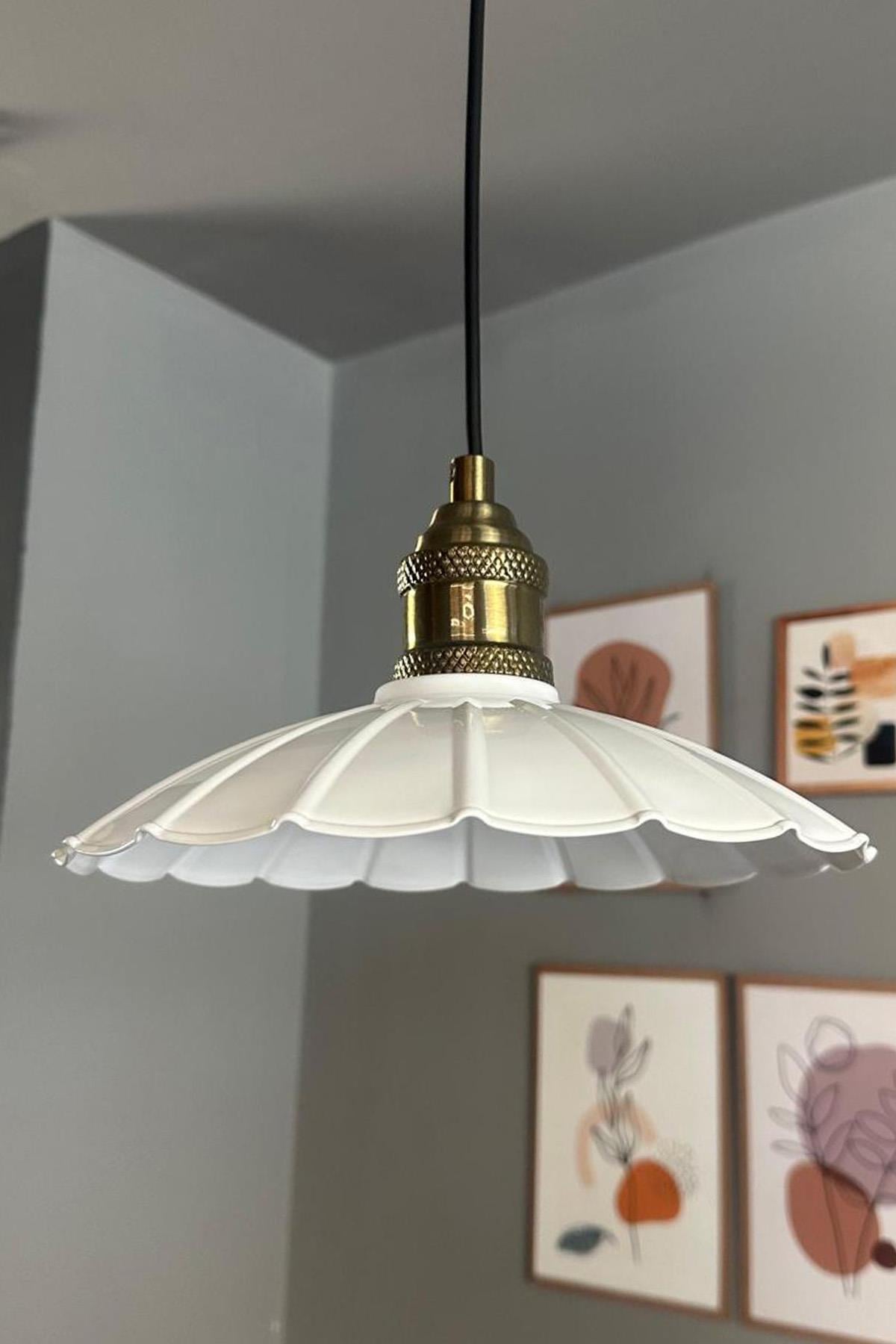 Risso Beyaz Metal Avize Tekli Lale Başlık Mutfak Modern Dekoratif Sarkıt Aydınlatma