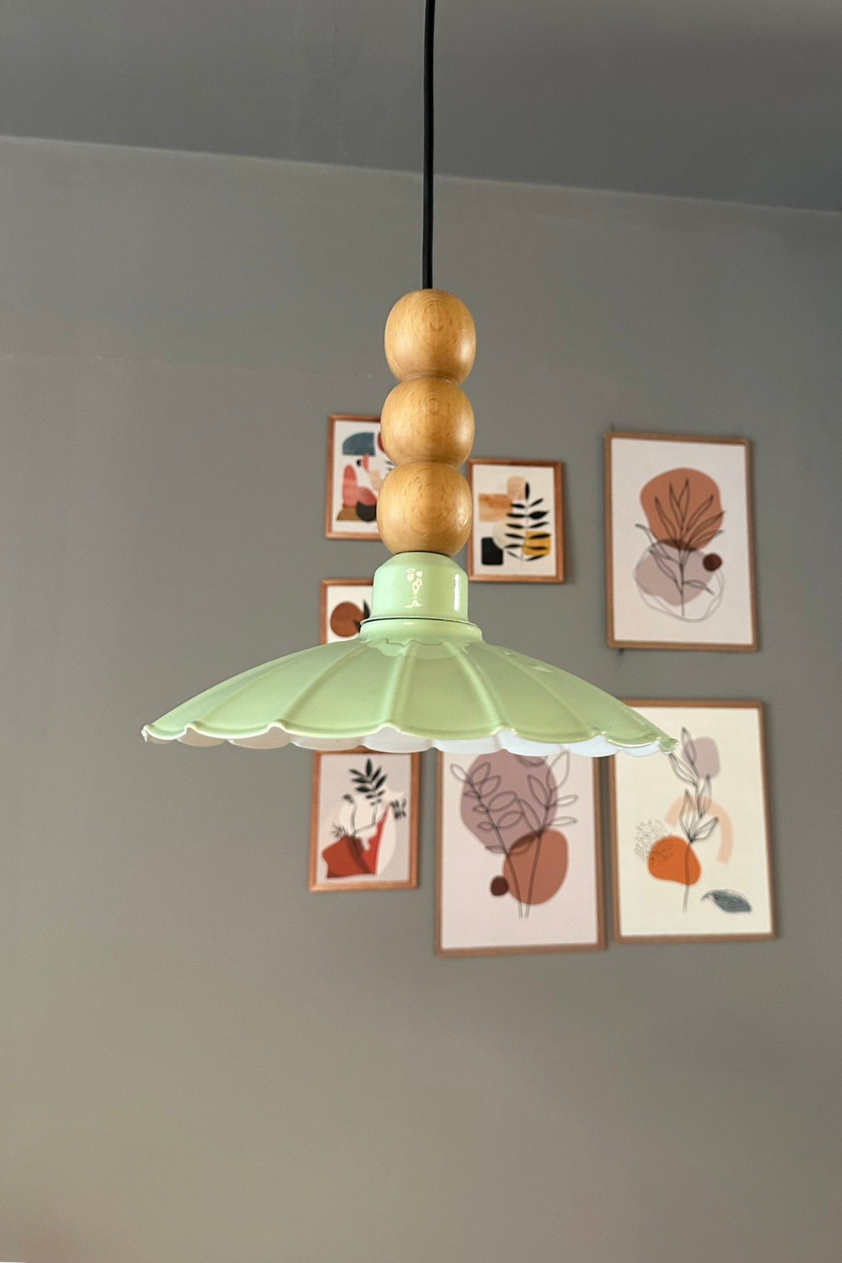 Risso Mint Tekli Metal Avize Ahşap Üç Boncuk Cafe Mutfak Modern Dekoratif Sarkıt Aydınlatma