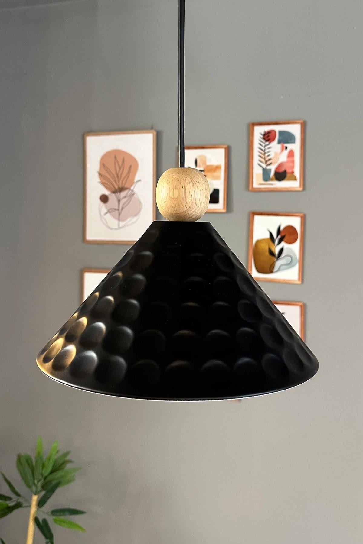 Rumy Siyah Tekli Ahşap Boncuk Başlık Avize Retro Sarkıt Ofis Showroom Salon Mutfak Avizeleri