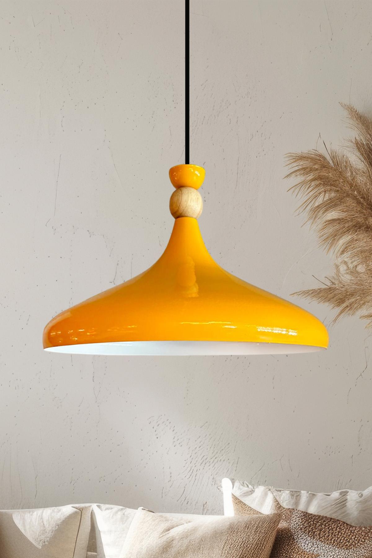 Sarı Ahşap Şapka Tekli Avize Sarkıt Salon Mutfak Cafe Butik Lamba Aydınlatma Avizeler